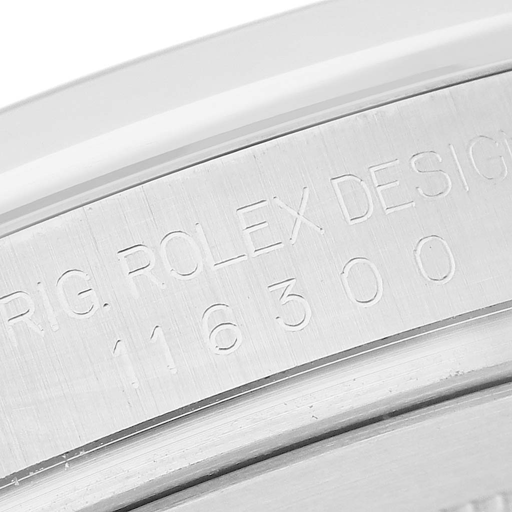 The image shows the engraved case side of a Rolex Datejust 41 116300 Men's Stainless Steel Silver Dial with model and design numbers.