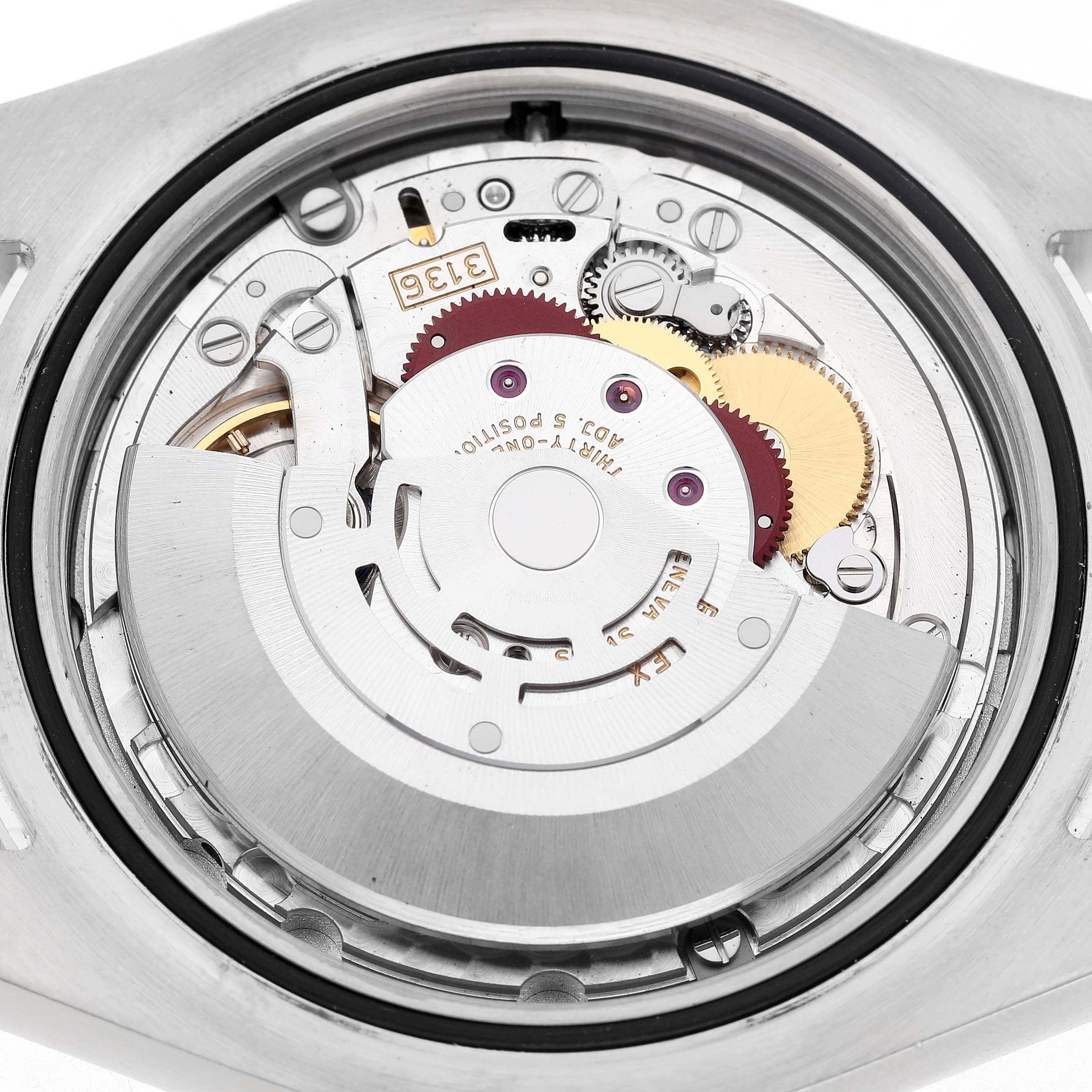 The image shows a close-up of the Rolex Datejust 41 116300 Men's Stainless Steel Silver Dial movement, highlighting gears and components from a top-down angle.