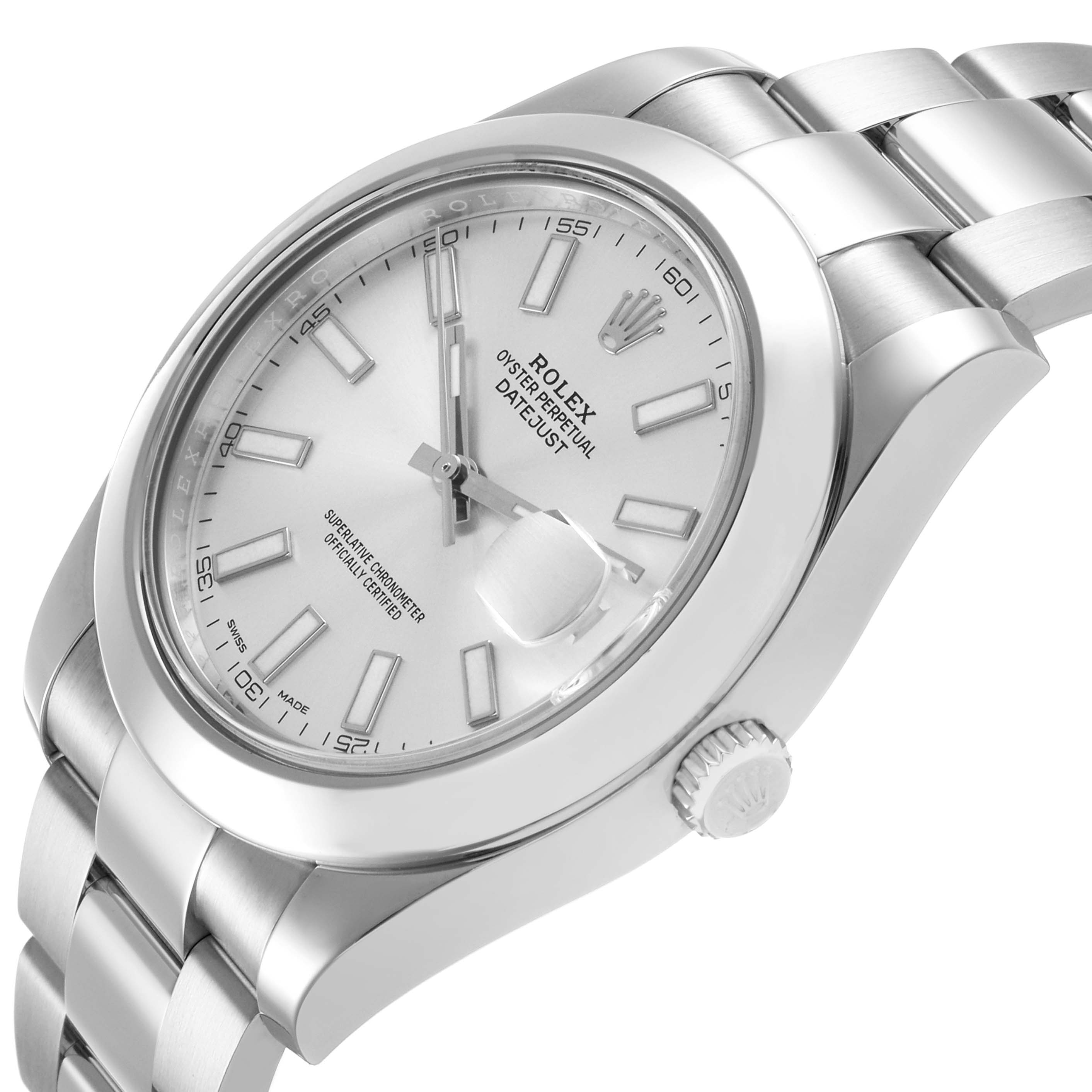 The Rolex Datejust 41 116300 Men's Stainless Steel Silver Dial is shown at an angle displaying the face, bezel, crown, and part of the bracelet.