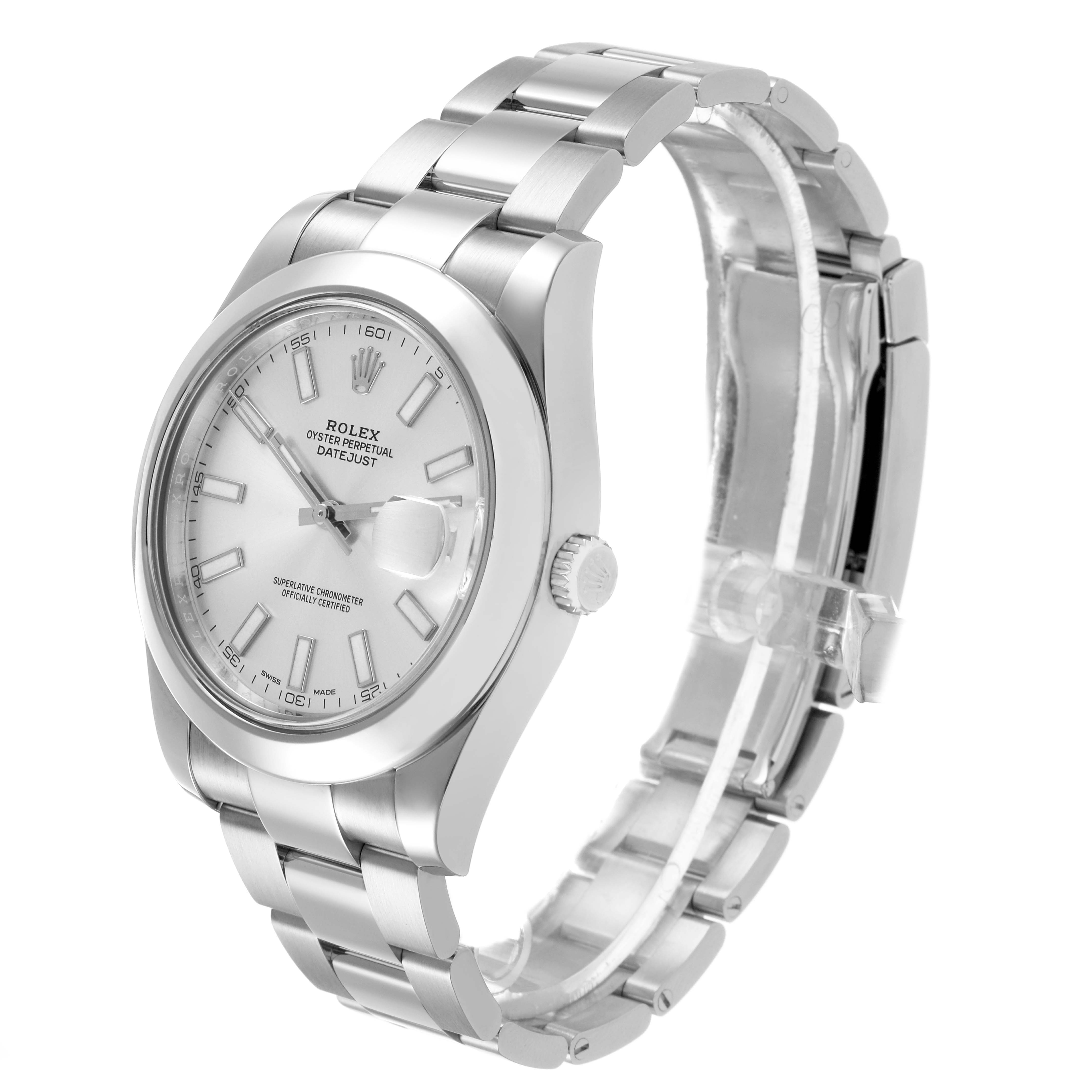 The Rolex Datejust 41 116300 Men's Stainless Steel Silver Dial is shown at a three-quarter angle, highlighting the dial, bracelet, and crown.