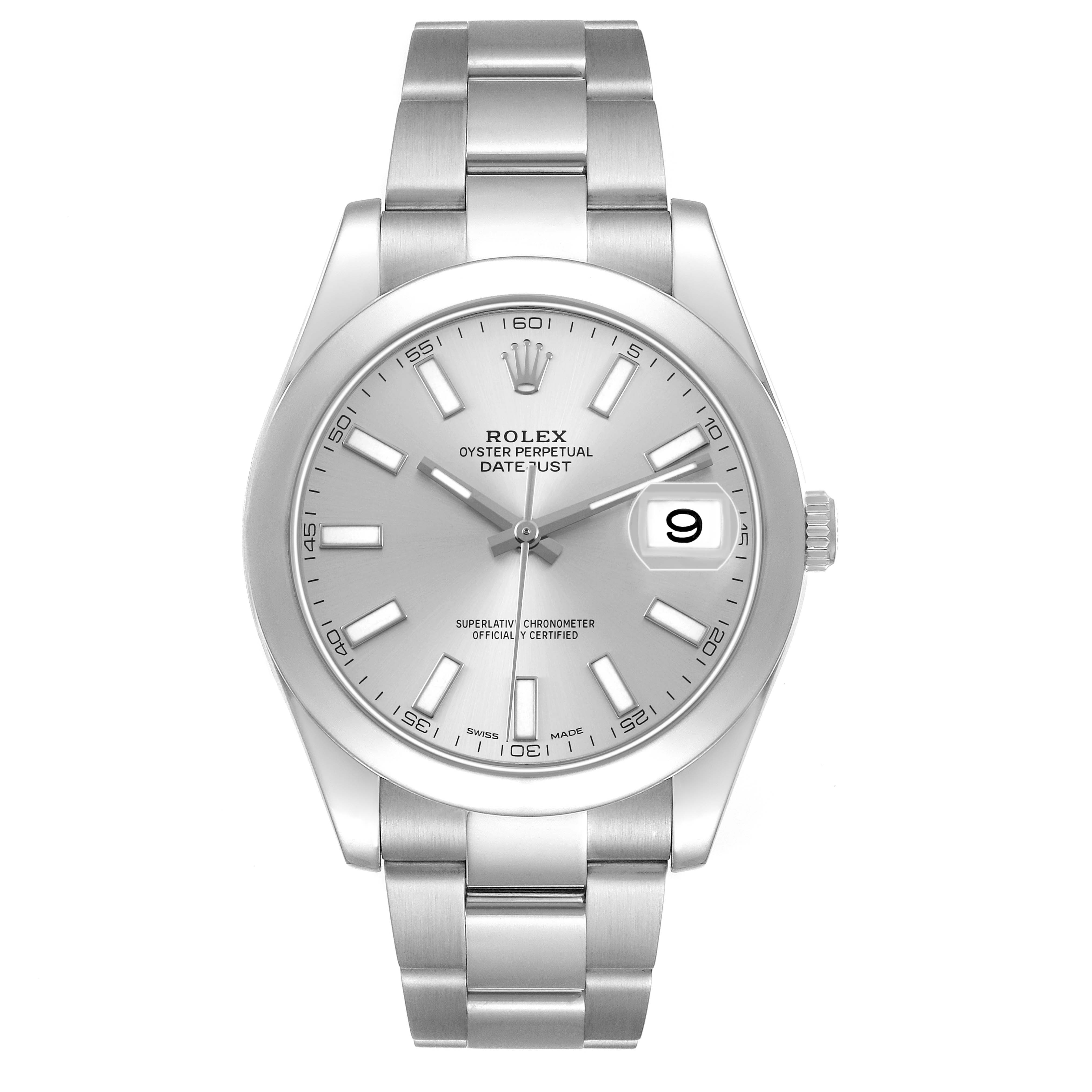 The Rolex Datejust 41 116300 Men's Stainless Steel Silver Dial model is shown from a top-down angle, highlighting the silver dial, hour markers, bezel, and bracelet.
