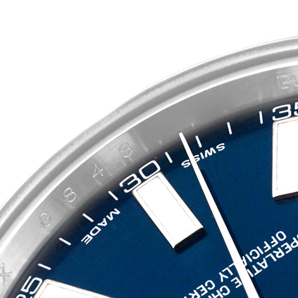 This image shows a close-up of the dial and bezel of a Rolex Datejust 41 116300 Men
s Stainless Steel Blue Dial 116300 Men
s Stainless Steel Blue Dial, focusing on the minute markers.