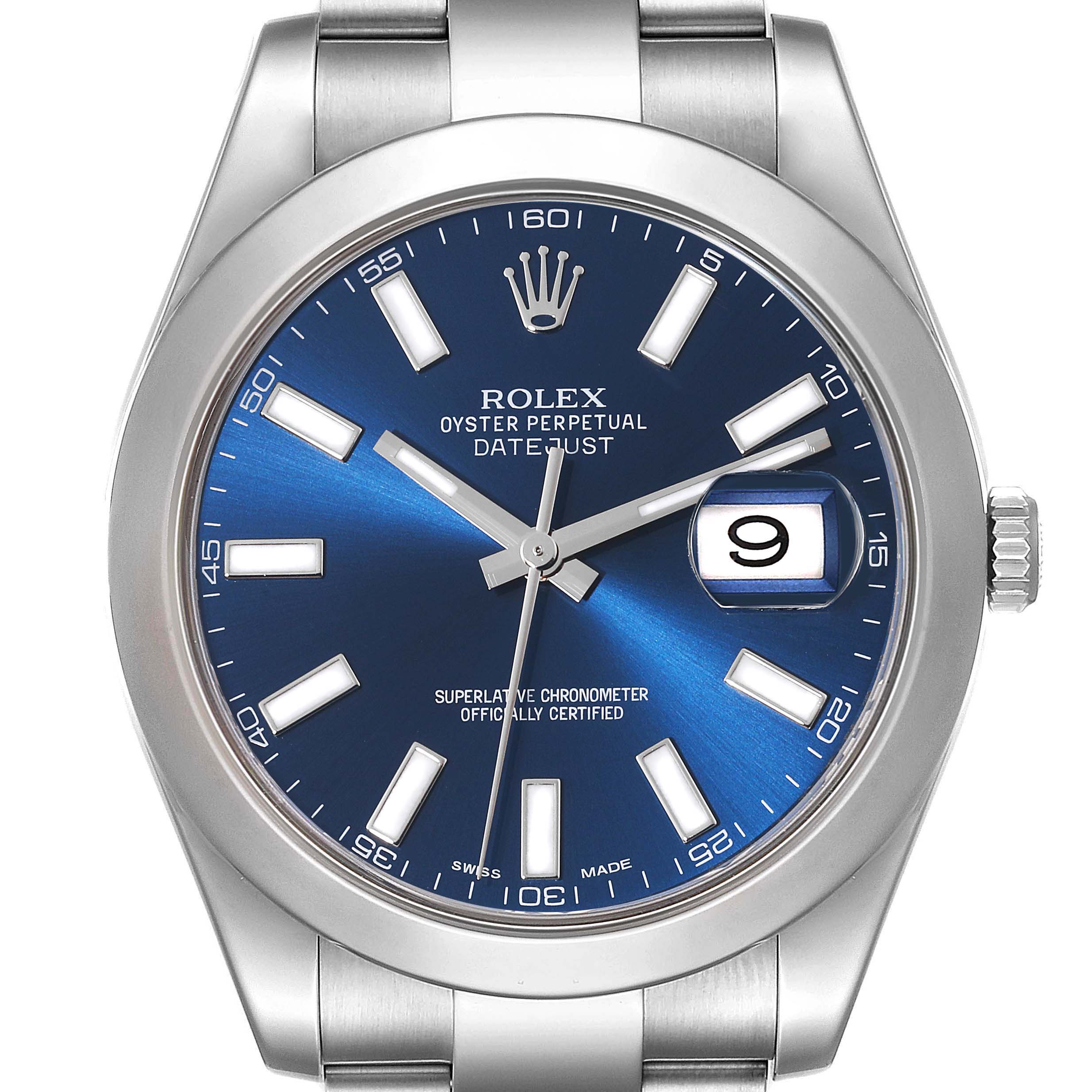 The image shows a front view of a Rolex Datejust 41 116300 Men
s Stainless Steel Blue Dial 116300 Men
s Stainless Steel Blue Dial watch, displaying the dial, bezel, crown, and part of the bracelet.