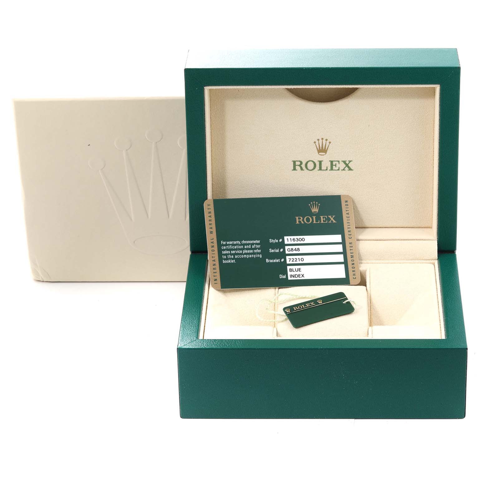 The Rolex Datejust 41 116300 Men
s Stainless Steel Blue Dial 116300 Men
s Stainless Steel Blue Dial watch box is open, displaying certification cards and a tag, shown from the front.