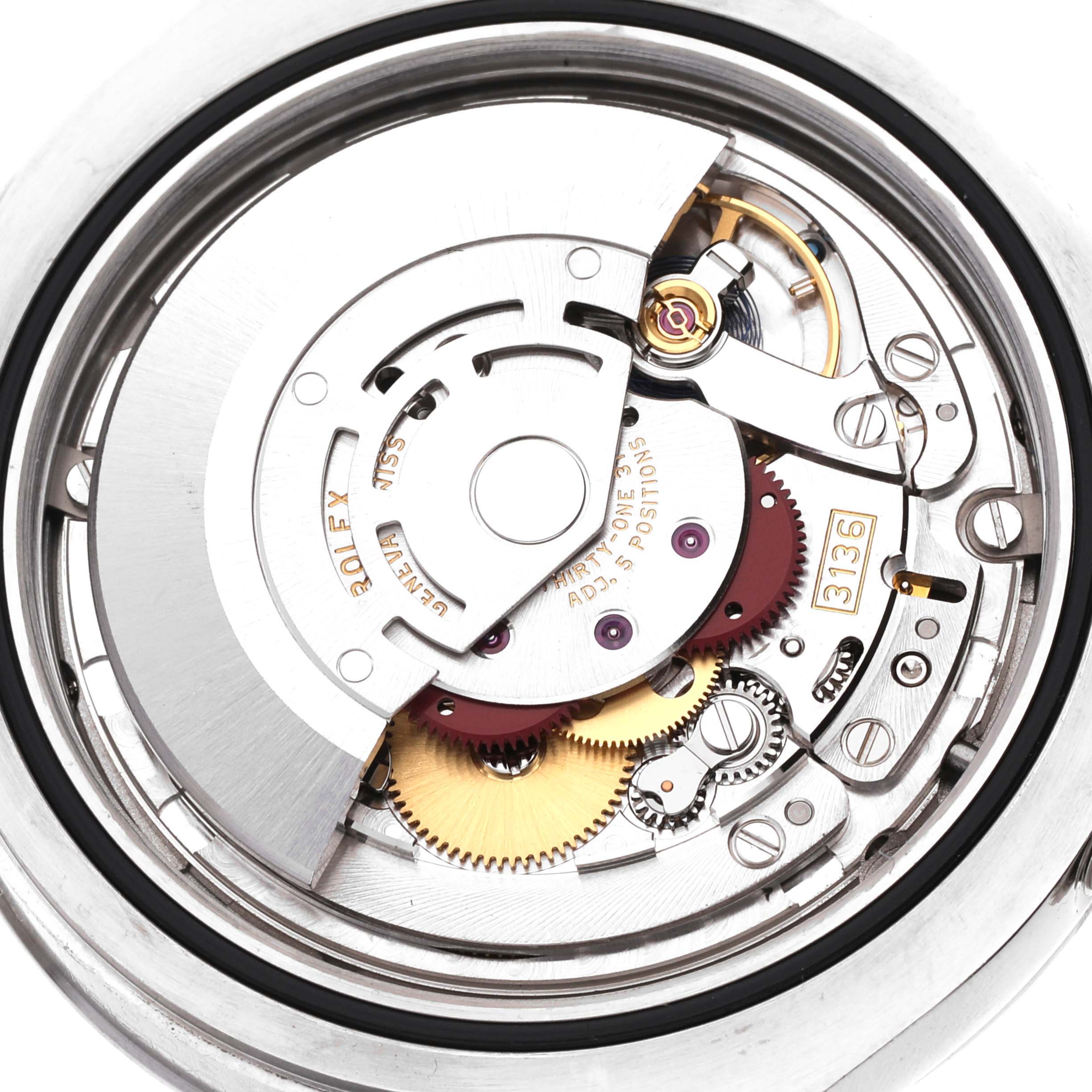 The image shows the internal movement mechanism of the Rolex Datejust 41 116300 Men
s Stainless Steel Blue Dial 116300 Men
s Stainless Steel Blue Dial watch from a top-down angle.