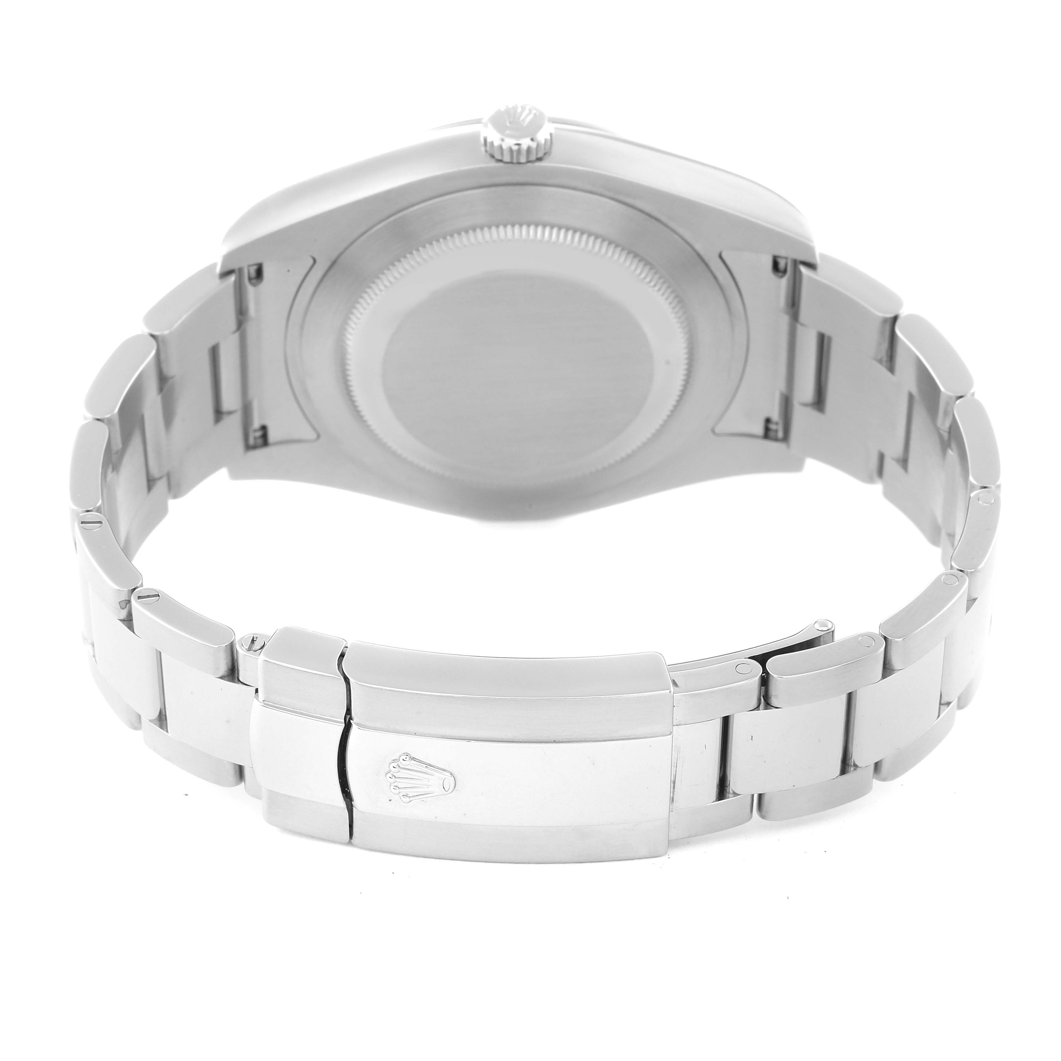 The image shows the back view of a Rolex Datejust 41 116300 Men
s Stainless Steel Blue Dial 116300 Men
s Stainless Steel Blue Dial watch, focusing on its case back, bracelet, and clasp.