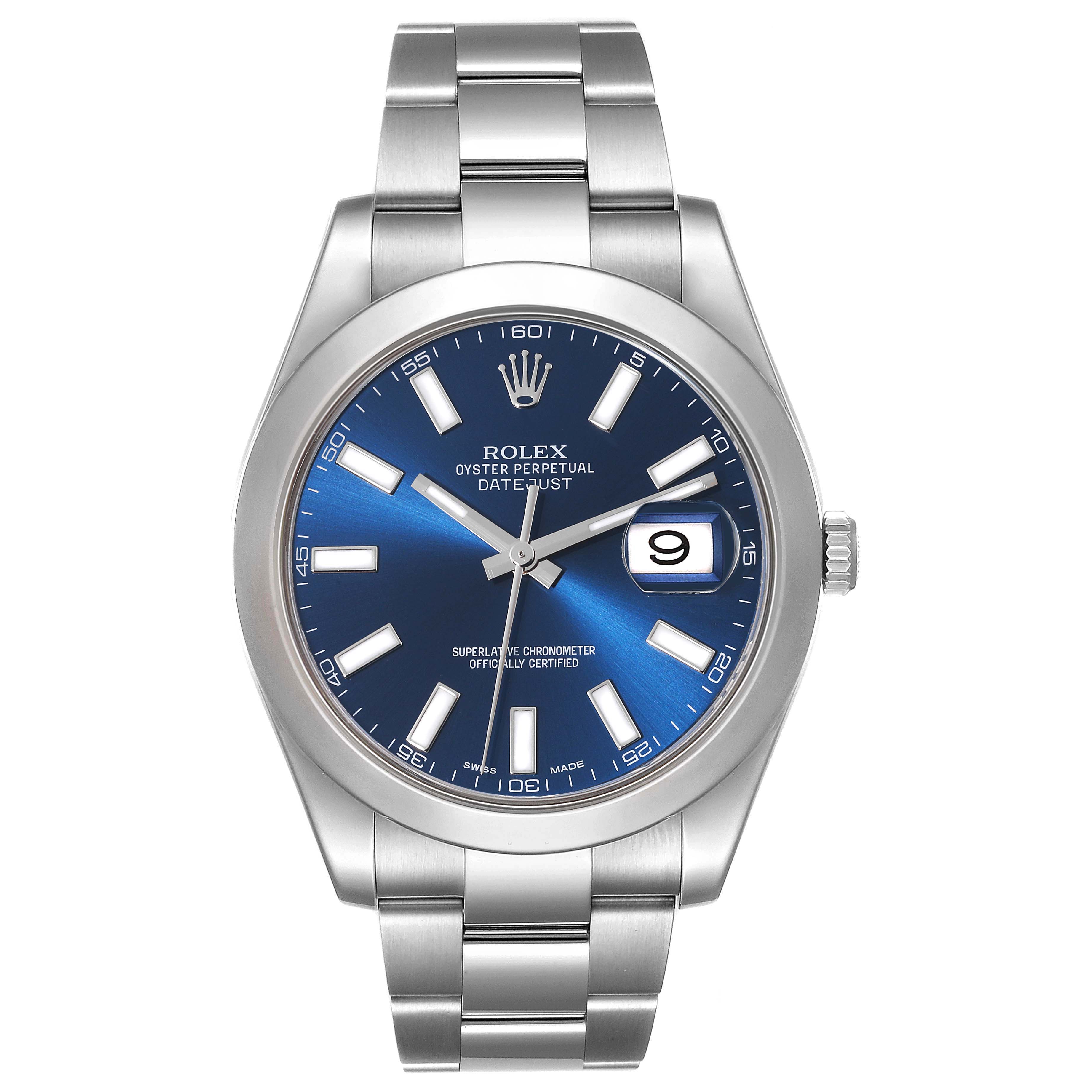 The image shows a frontal view of the Rolex Datejust 41 116300 Men
s Stainless Steel Blue Dial 116300 Men
s Stainless Steel Blue Dial watch, highlighting its blue dial, date window, and metal bracelet.