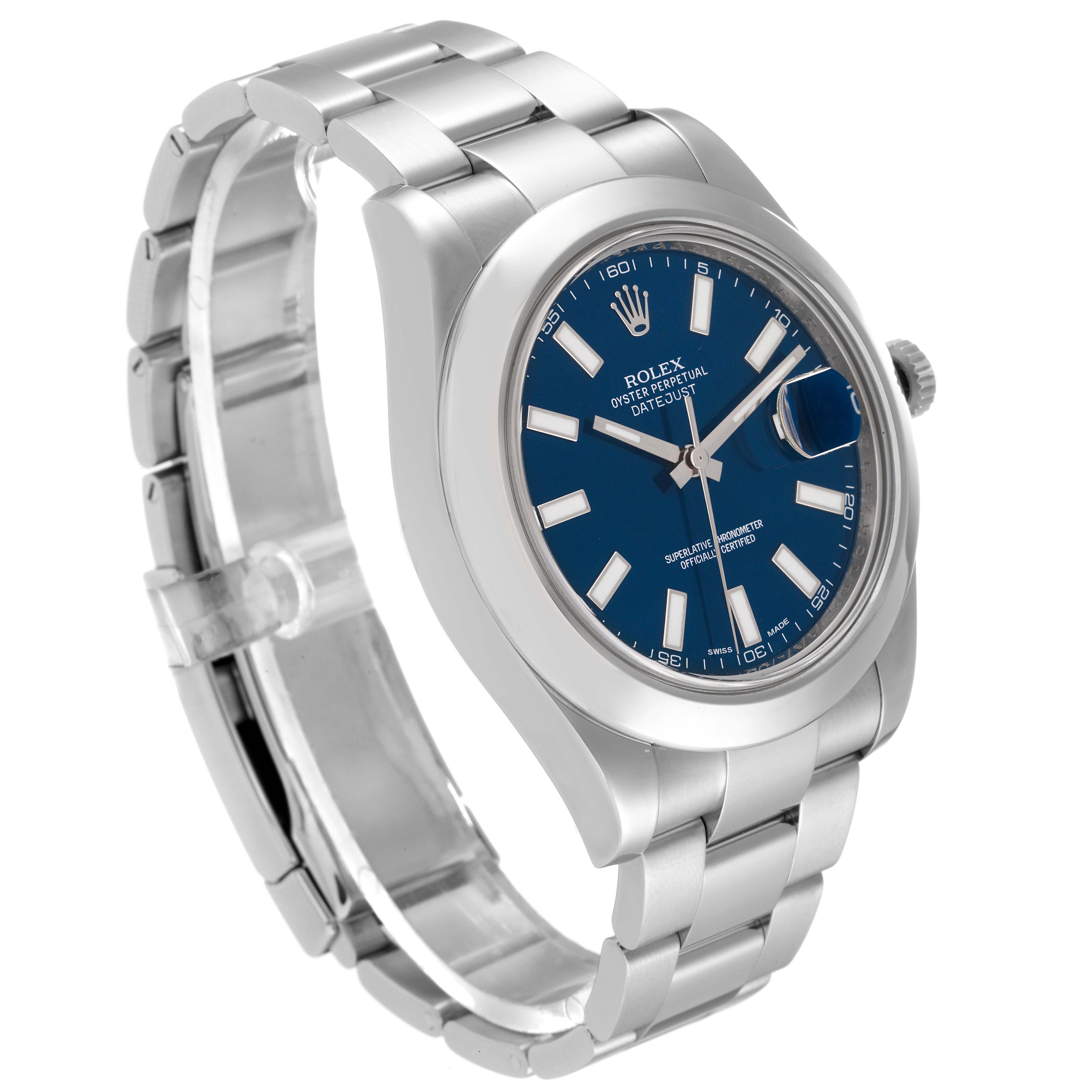 This image shows a Rolex Datejust 41 116300 Men
s Stainless Steel Blue Dial 116300 Men
s Stainless Steel Blue Dial model watch at an angled view, highlighting the blue dial, bracelet, and clasp.
