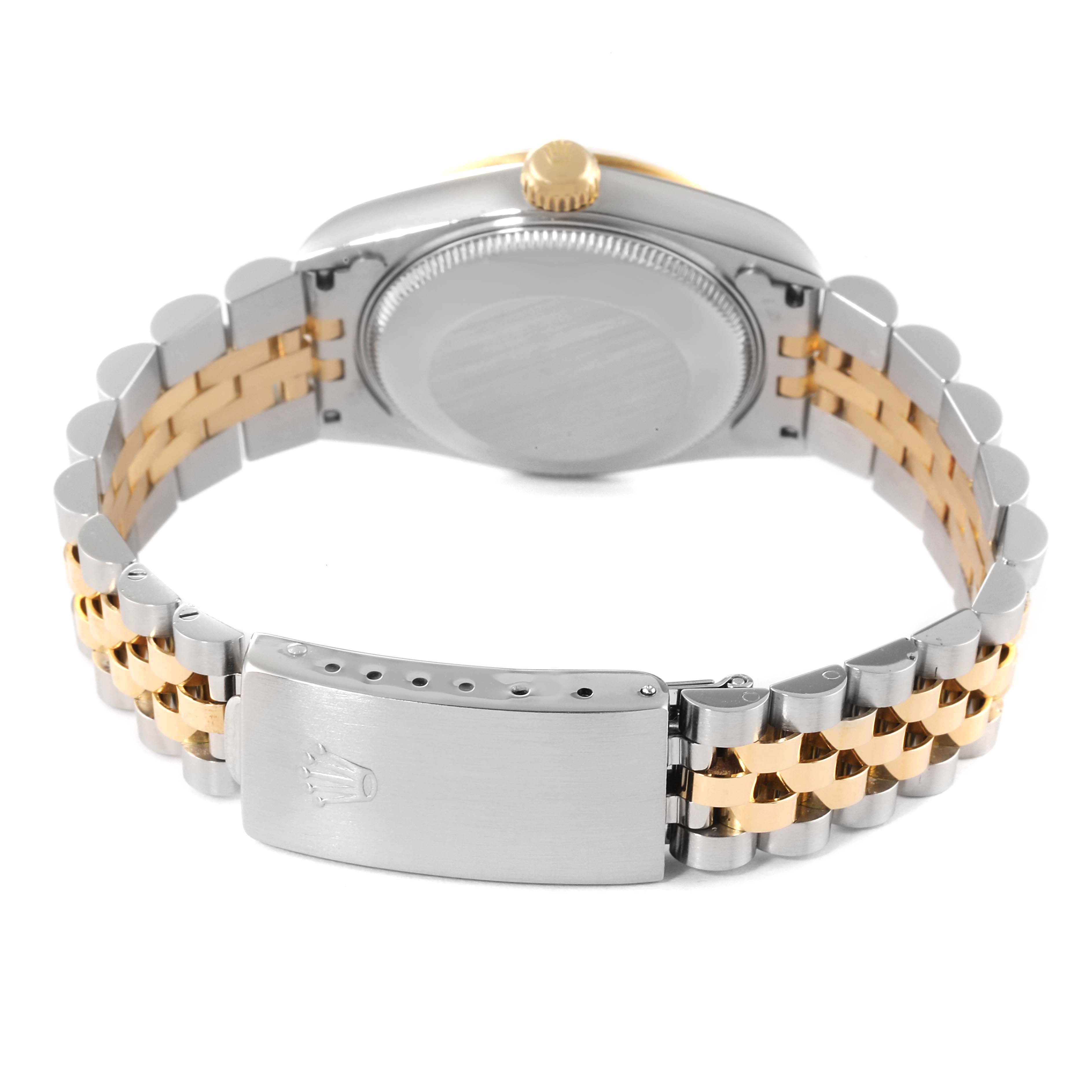 The image shows the back view of a mid-size Rolex watch, highlighting its case back, two-tone bracelet, and clasp.