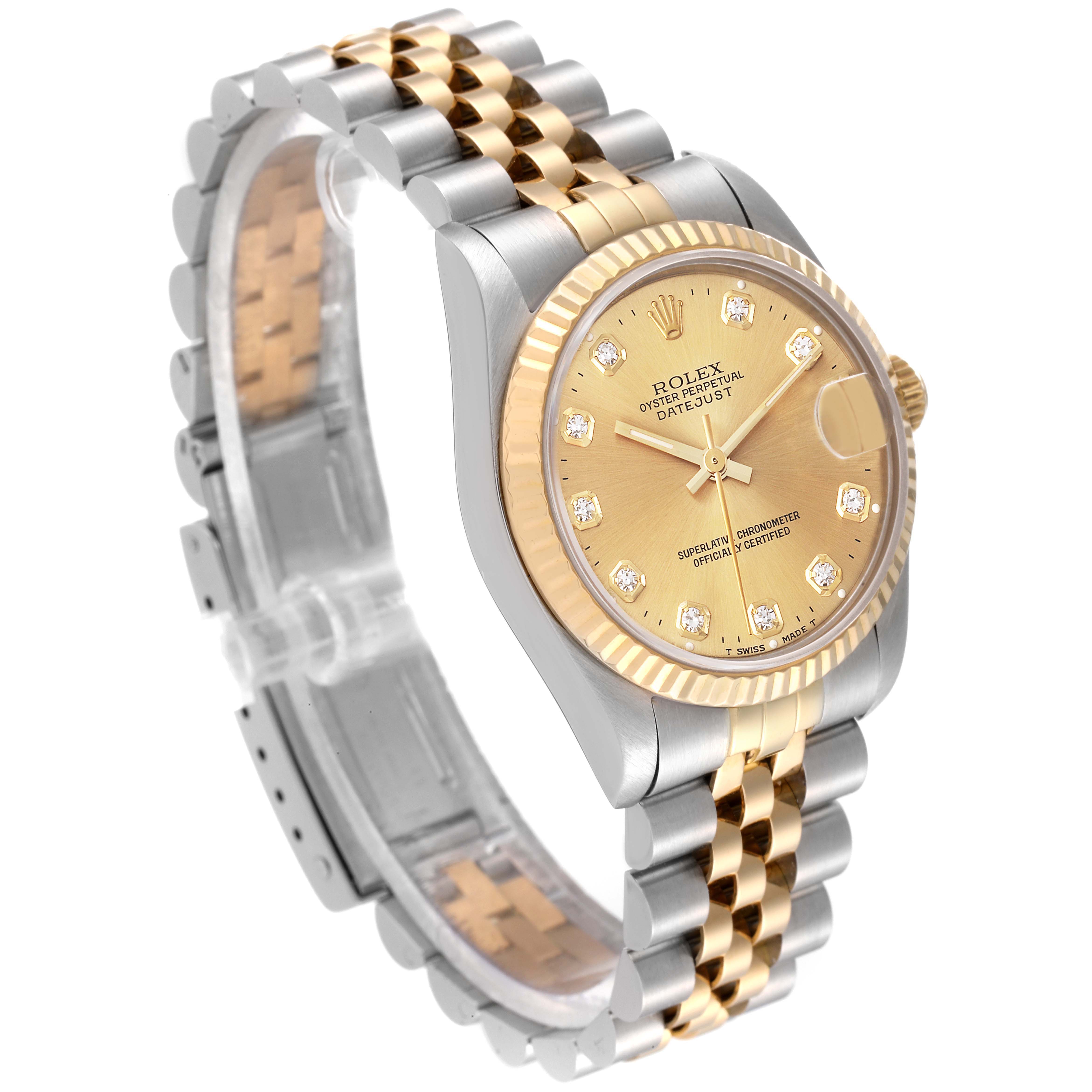 This image shows a Rolex Mid-Size 68273 Women
s Steel and Gold (two tone) Champagne Dial 68273 Women
s Steel and Gold (two tone) Champagne Dial Datejust watch at a three-quarter angle, highlighting the face, bracelet, and bezel.