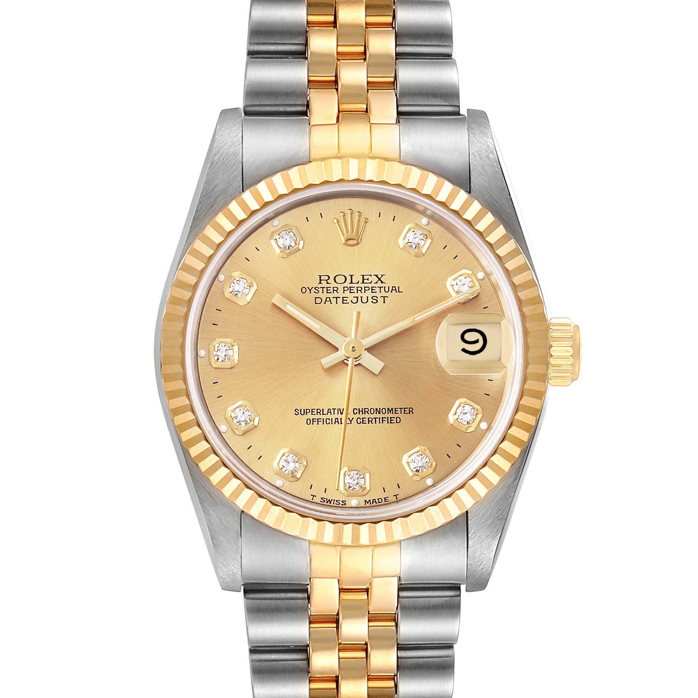 The image shows the front view of a Rolex Mid-Size 68273 Women
s Steel and Gold (two tone) Champagne Dial 68273 Women
s Steel and Gold (two tone) Champagne Dial Datejust watch, highlighting the dial, bezel, hands, and bracelet.