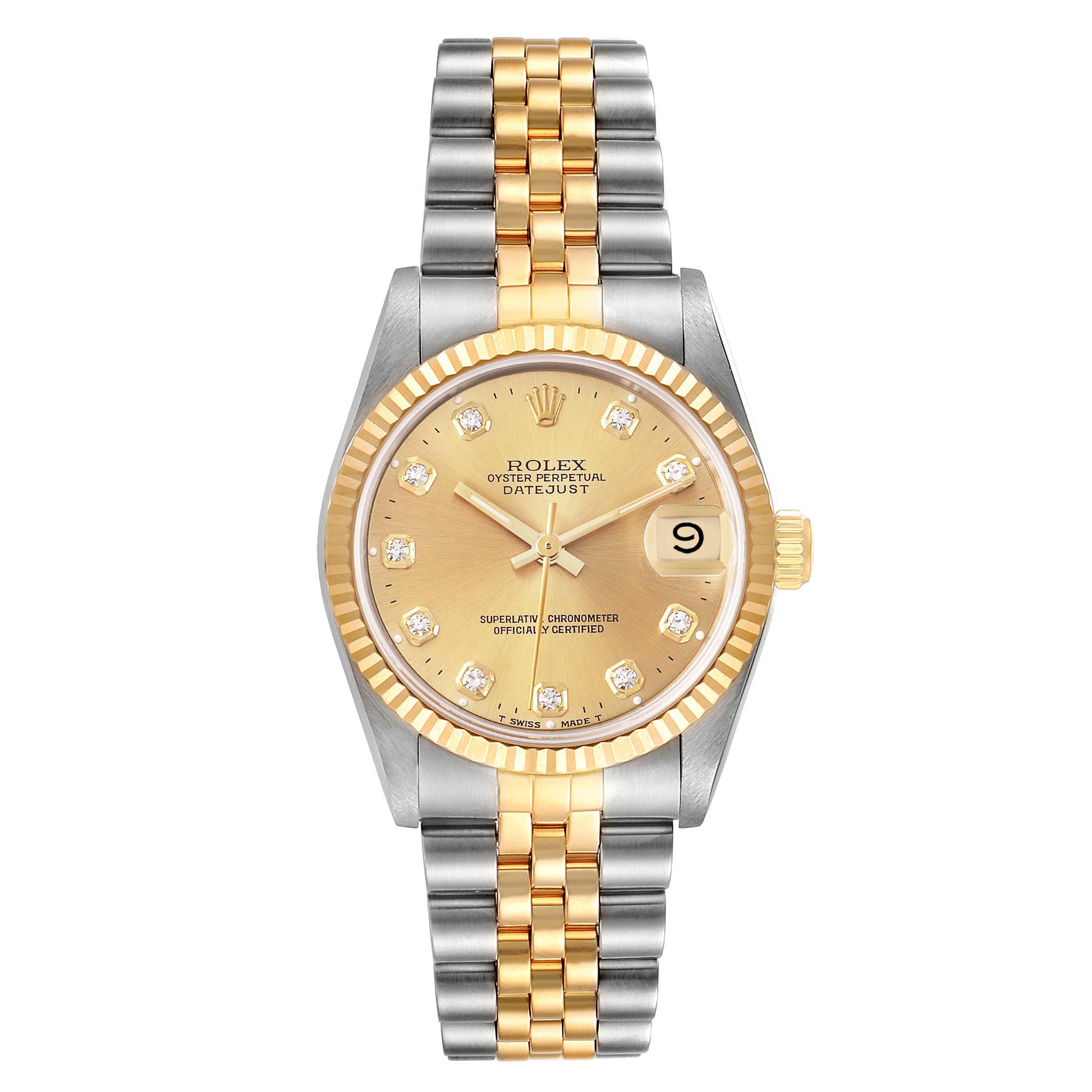This image shows a front view of a Rolex Mid-Size 68273 Women
s Steel and Gold (two tone) Champagne Dial 68273 Women
s Steel and Gold (two tone) Champagne Dial Datejust watch with a gold bezel and a two-tone bracelet.