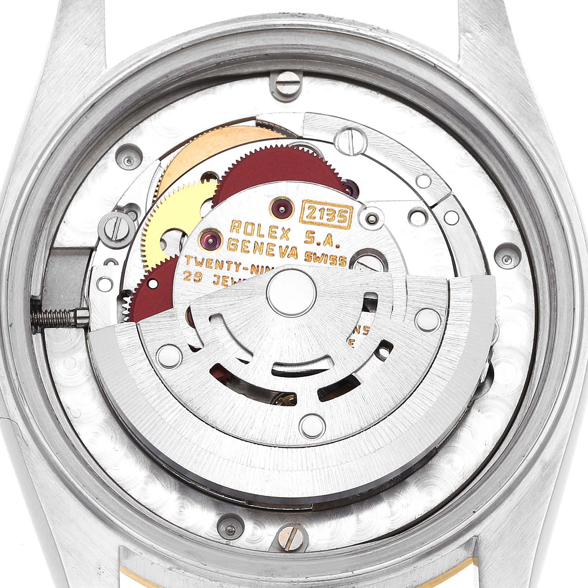 The image shows the internal movement of a Rolex Mid-Size 68273 Women's Steel and Gold (two tone) Champagne Dial 68273 Women's Steel and Gold (two tone) Champagne Dial model watch, viewed from the back.
