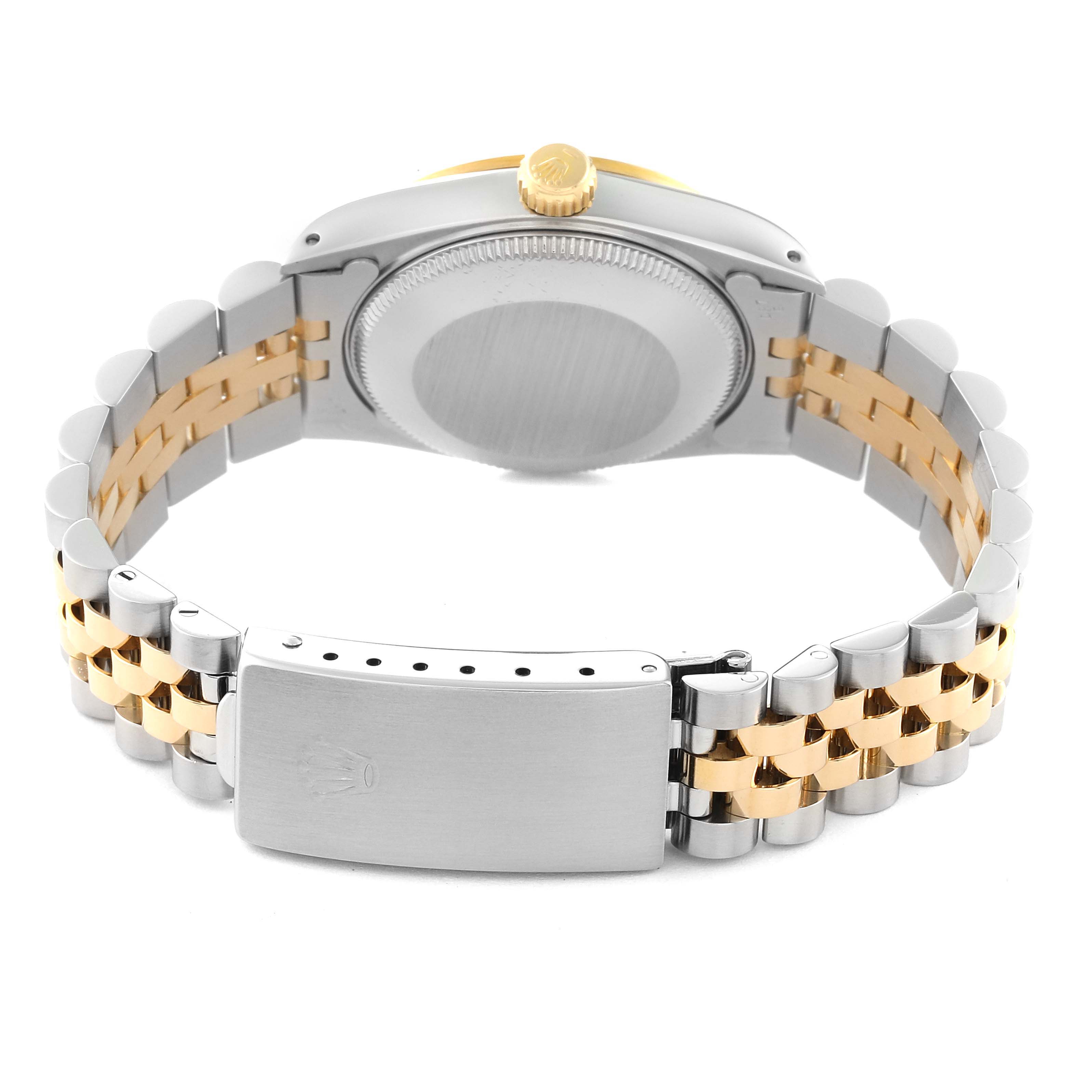 The image shows the back view of the Rolex Mid-Size 68273 Women's Steel and Gold (two tone) Champagne Dial 68273 Women's Steel and Gold (two tone) Champagne Dial model, highlighting the case, crown, and two-tone bracelet.
