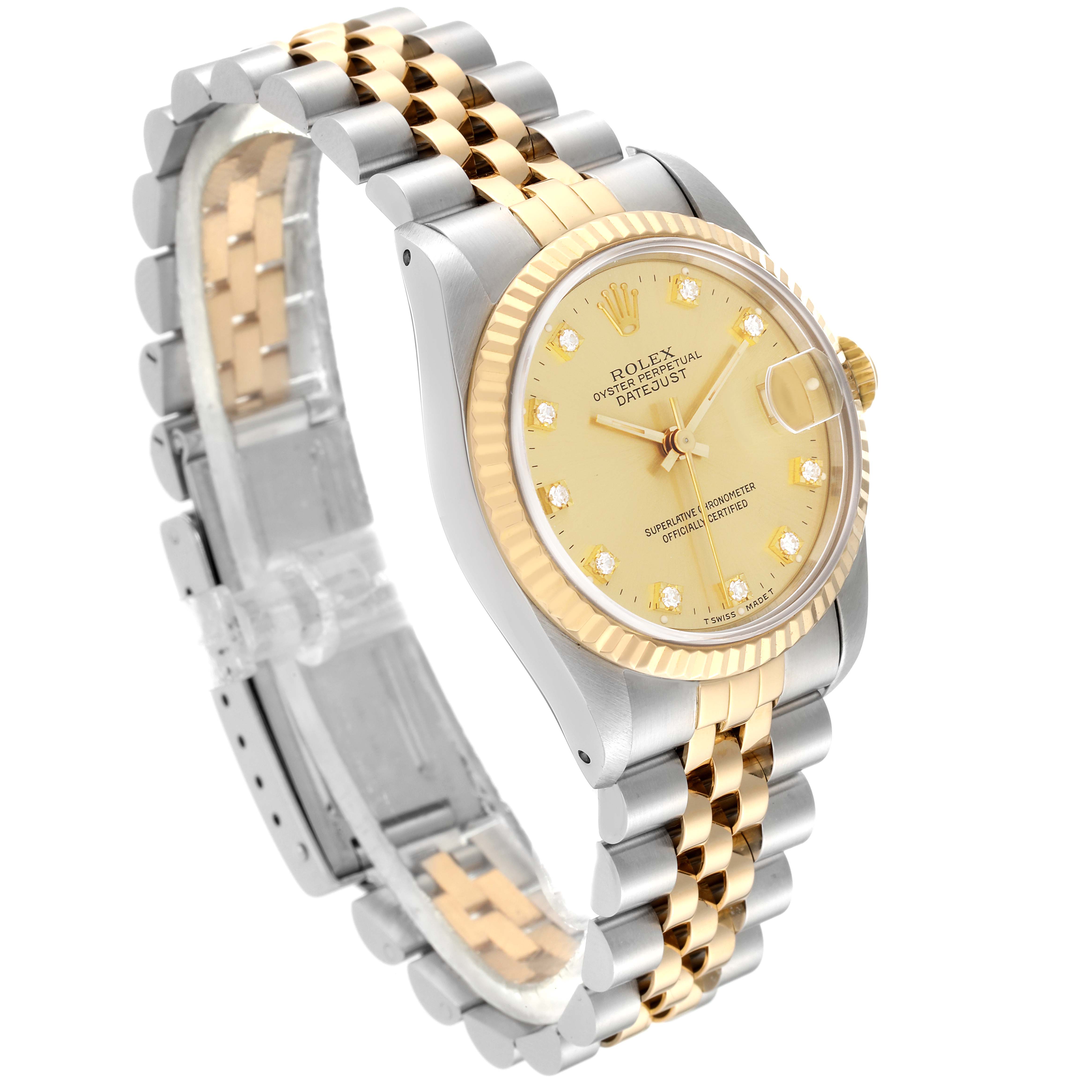 The image shows a side-angle view of a Rolex Mid-Size 68273 Women's Steel and Gold (two tone) Champagne Dial 68273 Women's Steel and Gold (two tone) Champagne Dial Datejust watch, highlighting the gold and silver bracelet and the detailed face.