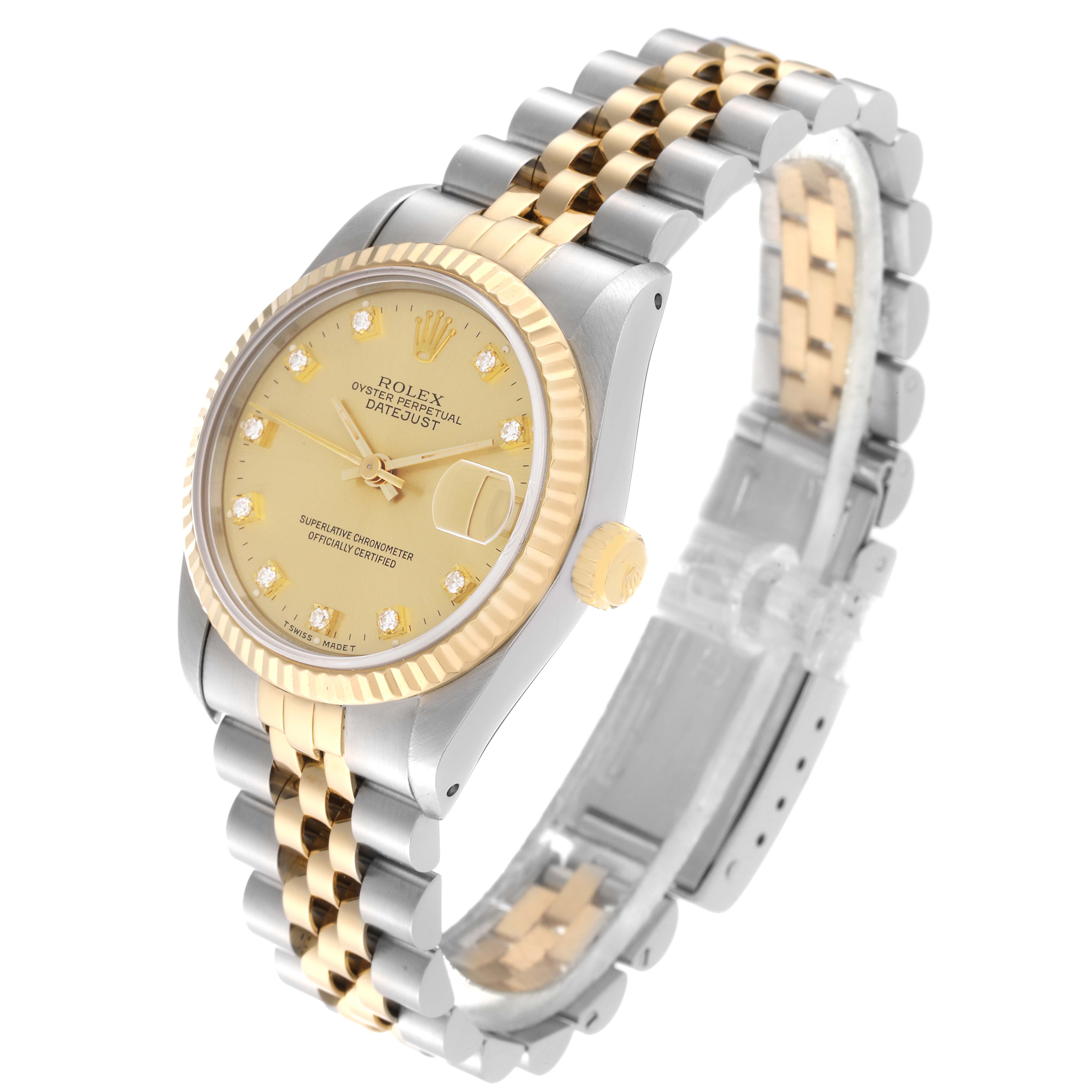 The image shows a Rolex Mid-Size 68273 Women's Steel and Gold (two tone) Champagne Dial 68273 Women's Steel and Gold (two tone) Champagne Dial Datejust watch with a two-tone bracelet, viewed from an angled perspective to highlight the dial and bracelet.