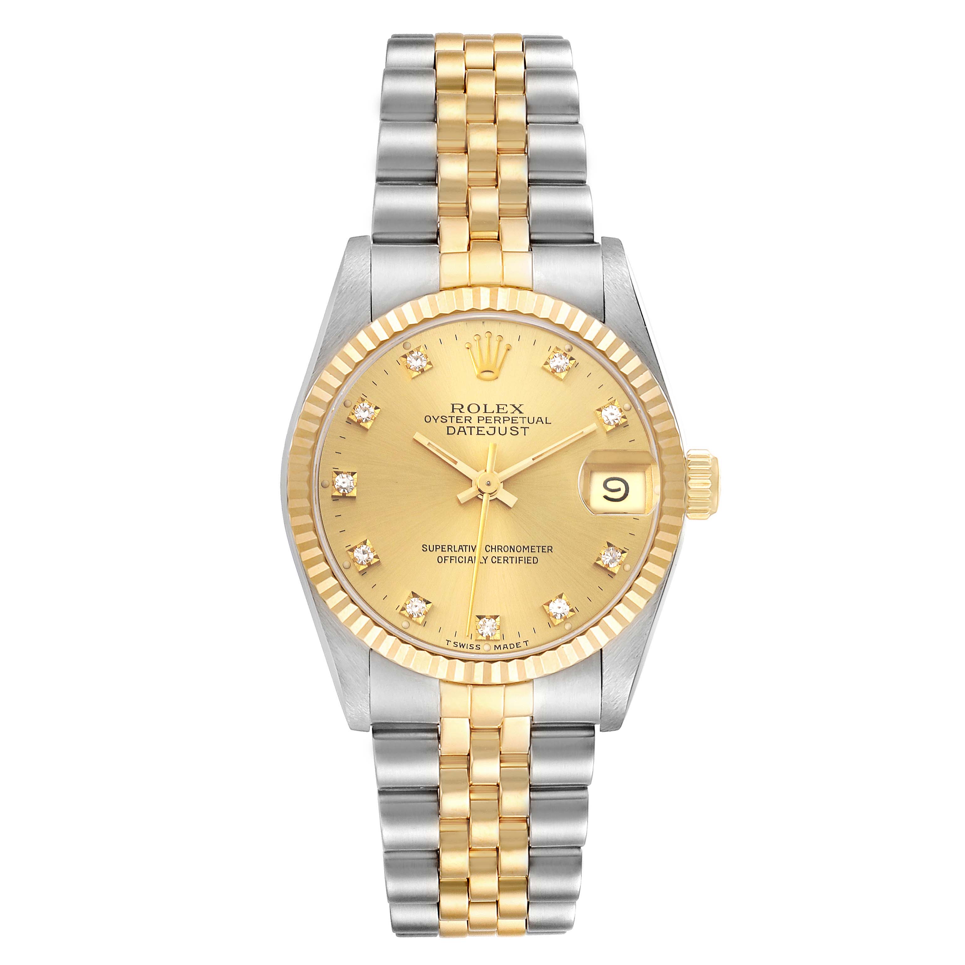 The Rolex Mid-Size 68273 Women's Steel and Gold (two tone) Champagne Dial 68273 Women's Steel and Gold (two tone) Champagne Dial Oyster Perpetual Datejust is shown from a top-down angle, displaying its gold dial, bracelet, and date display.