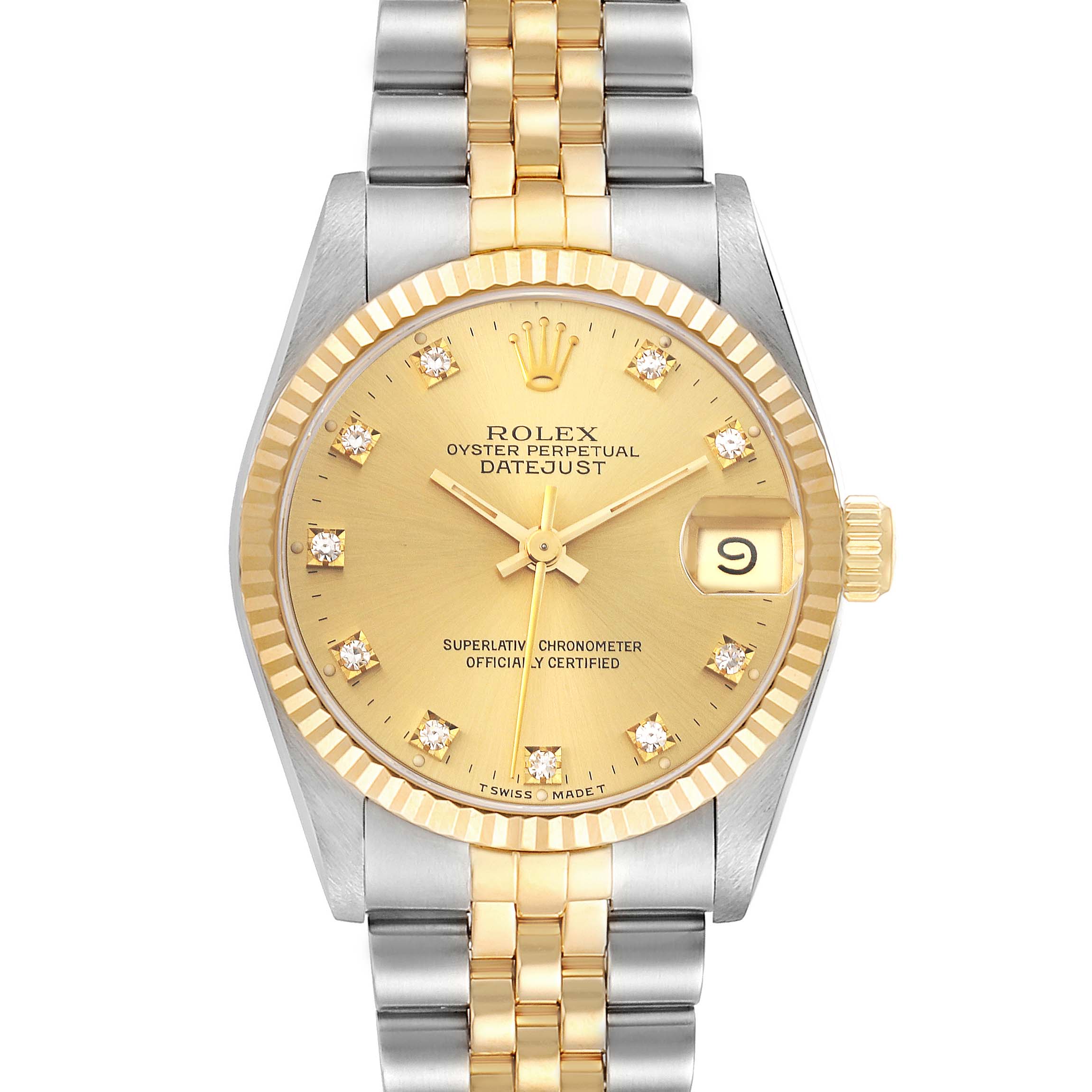 The image shows a front view of a Rolex Mid-Size 68273 Women's Steel and Gold (two tone) Champagne Dial 68273 Women's Steel and Gold (two tone) Champagne Dial Datejust watch, displaying the face, bezel, and part of the bracelet.