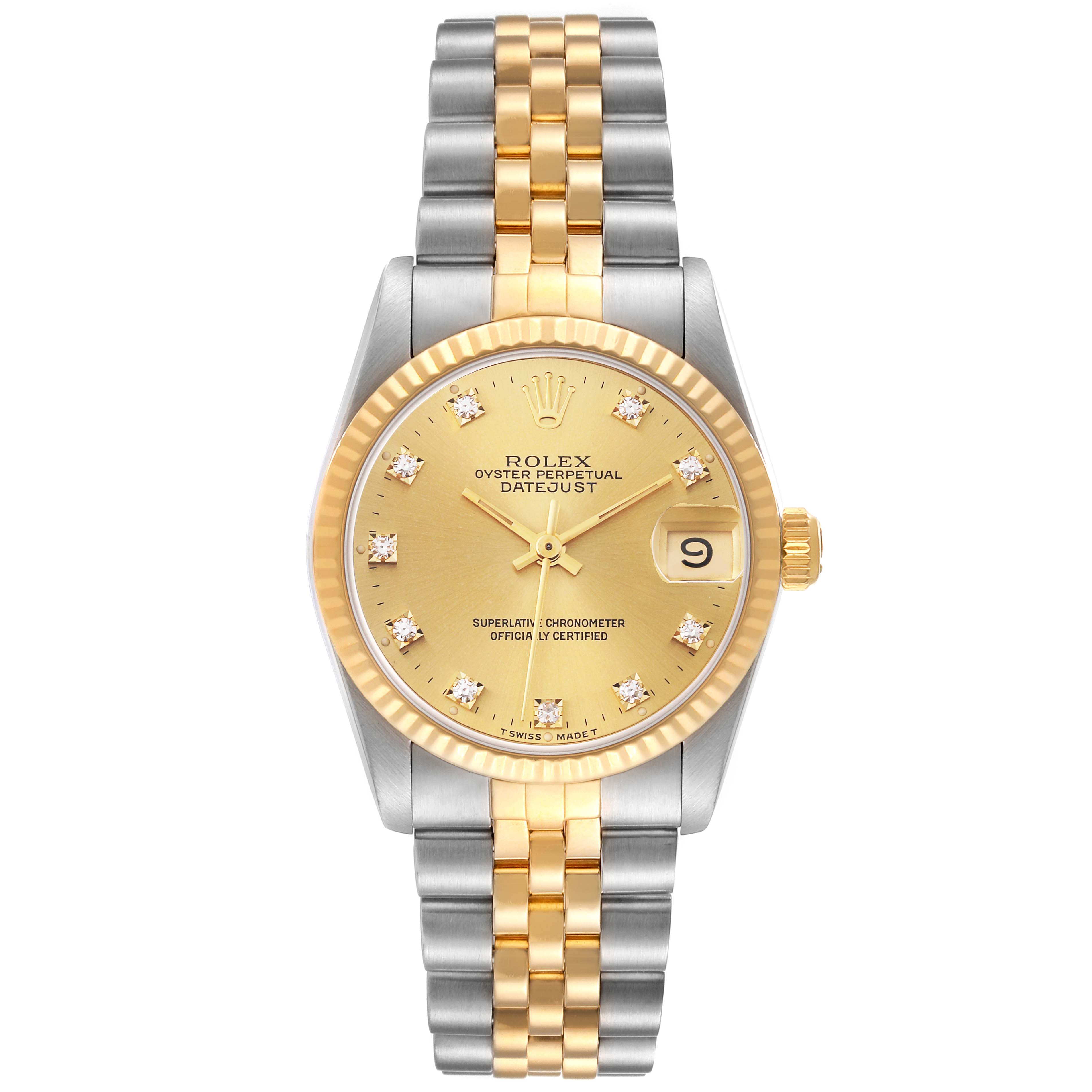 This image shows a Rolex Mid-Size 68273 Women's Steel and Gold (two tone) Champagne Dial 68273 Women's Steel and Gold (two tone) Champagne Dial Oyster Perpetual Datejust watch with a gold dial and two-tone bracelet from a front angle.