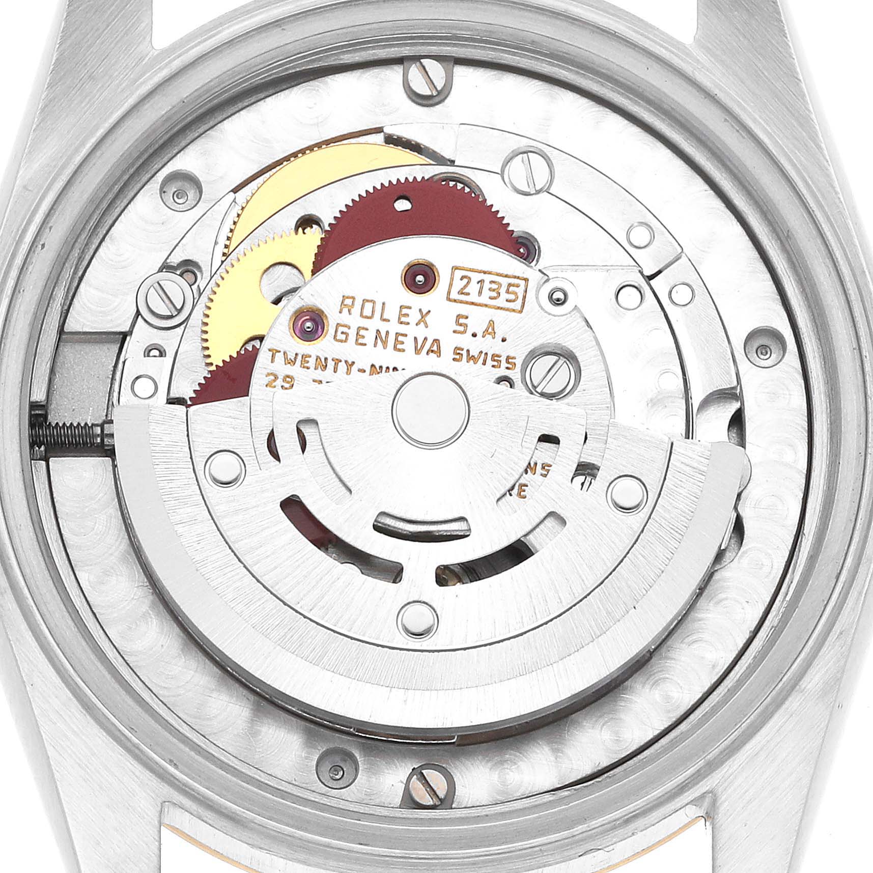 The image shows the movement and internal mechanics from the back of the Mid-Size Rolex watch model 2135.