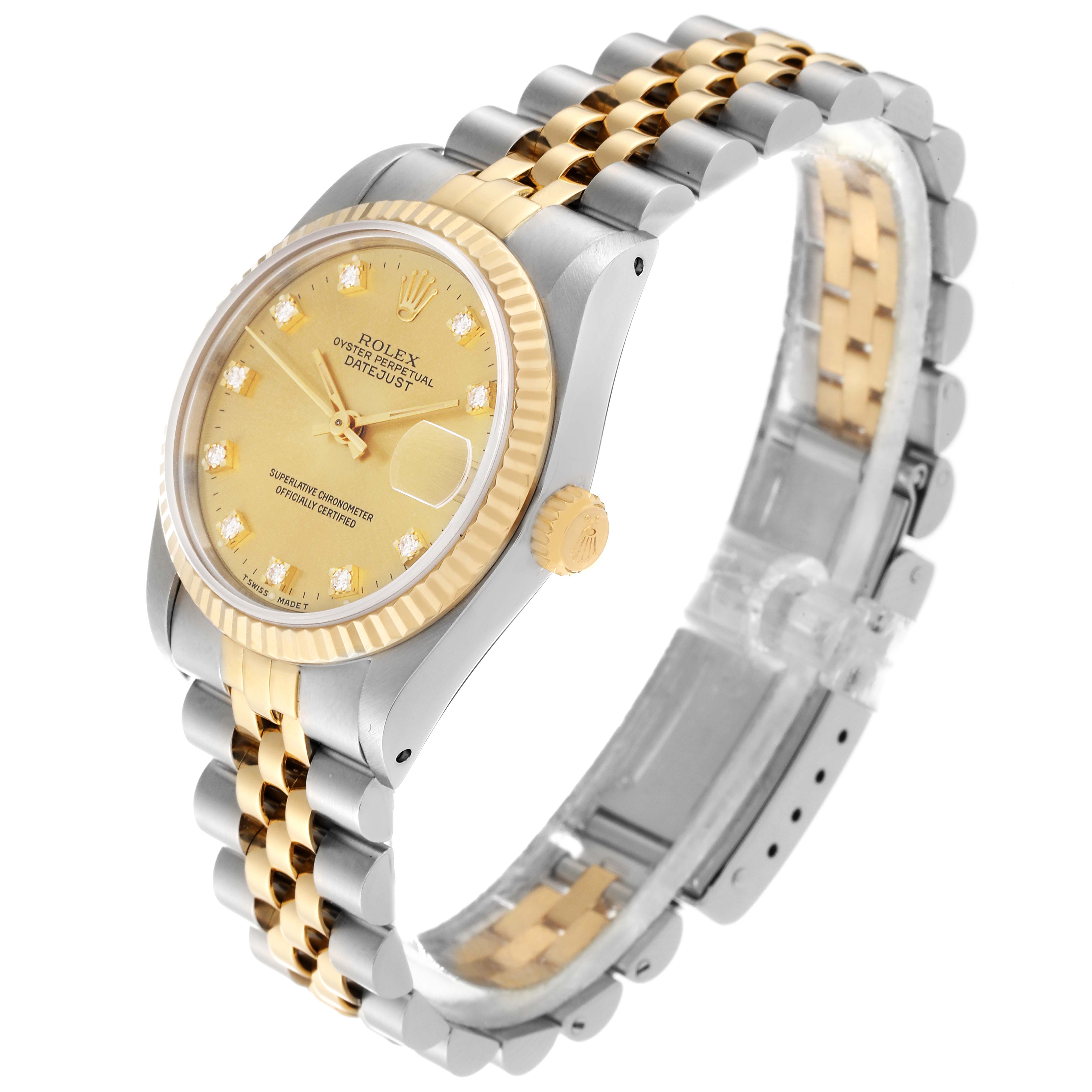 The Rolex Mid-Size 68273 Women's Steel and Gold (two tone) Champagne Dial 68273 Women's Steel and Gold (two tone) Champagne Dial watch is shown at a three-quarter angle, showcasing the dial, bezel, crown, and two-tone bracelet.