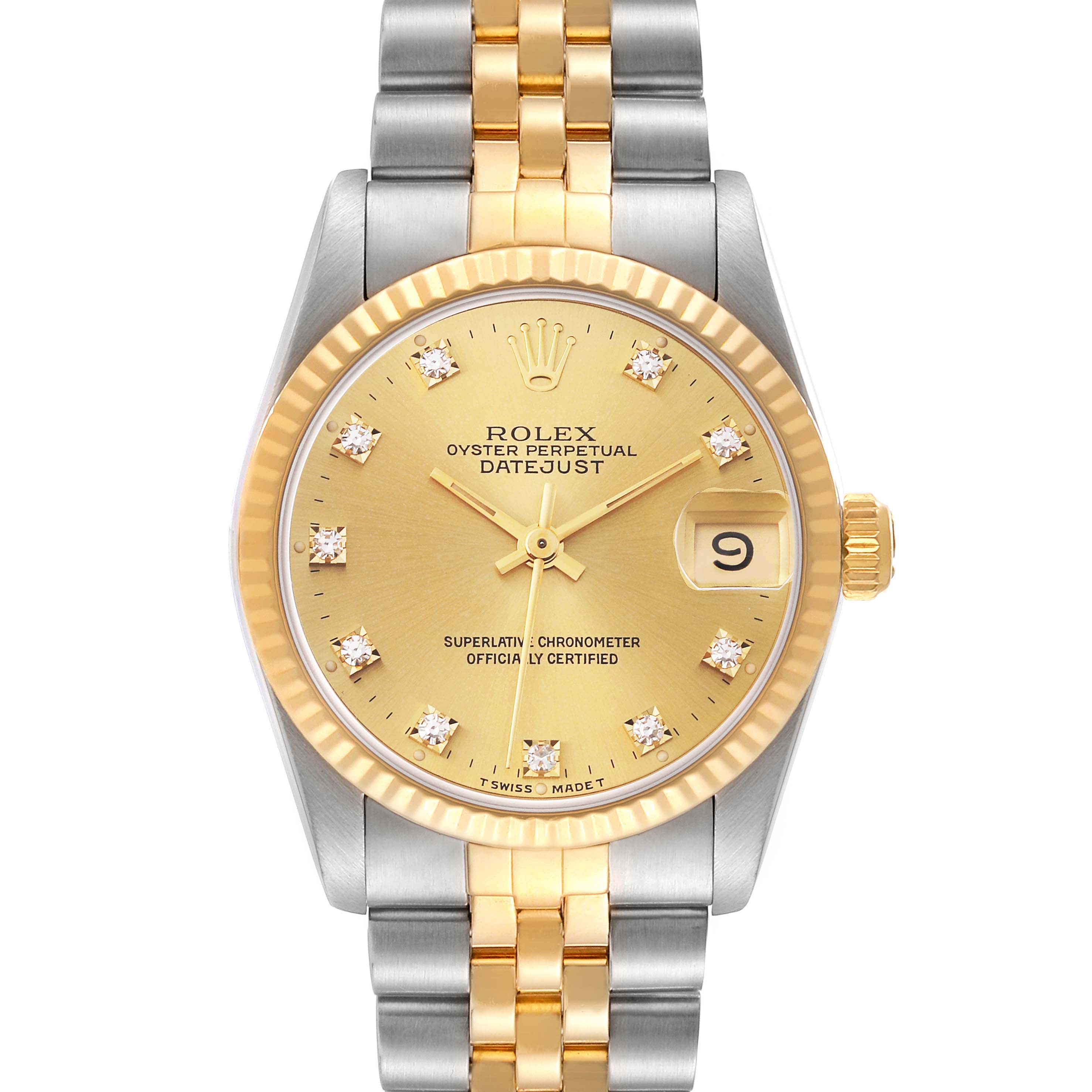 A straight-on view of the Rolex Mid-Size 68273 Women's Steel and Gold (two tone) Champagne Dial 68273 Women's Steel and Gold (two tone) Champagne Dial Oyster Perpetual Datejust watch, displaying the face, bezel, and bracelet.
