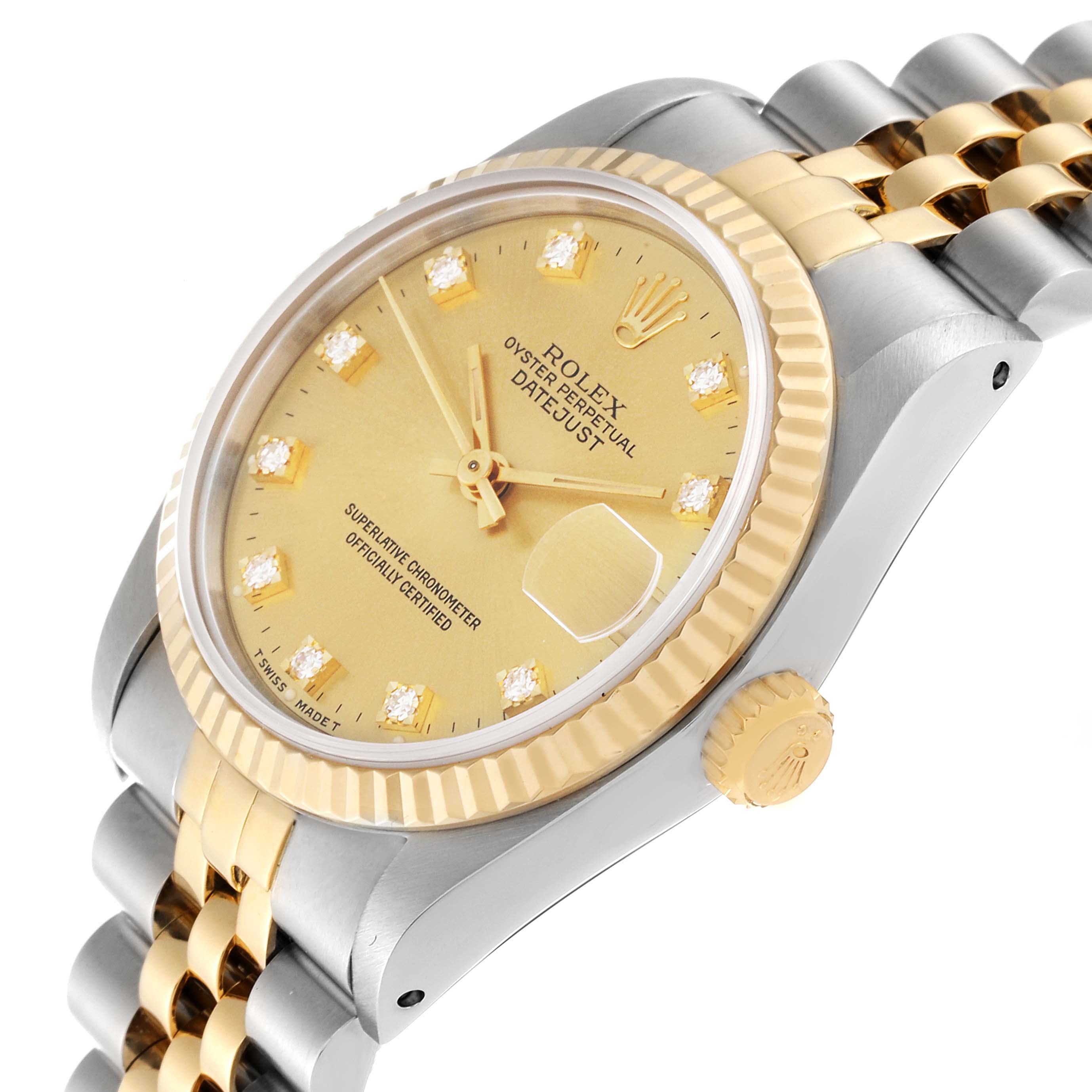 This image shows a Rolex Mid-Size 68273 Women's Steel and Gold (two tone) Champagne Dial 68273 Women's Steel and Gold (two tone) Champagne Dial Datejust watch at a slight angle, highlighting the gold dial, fluted bezel, and two-tone bracelet.