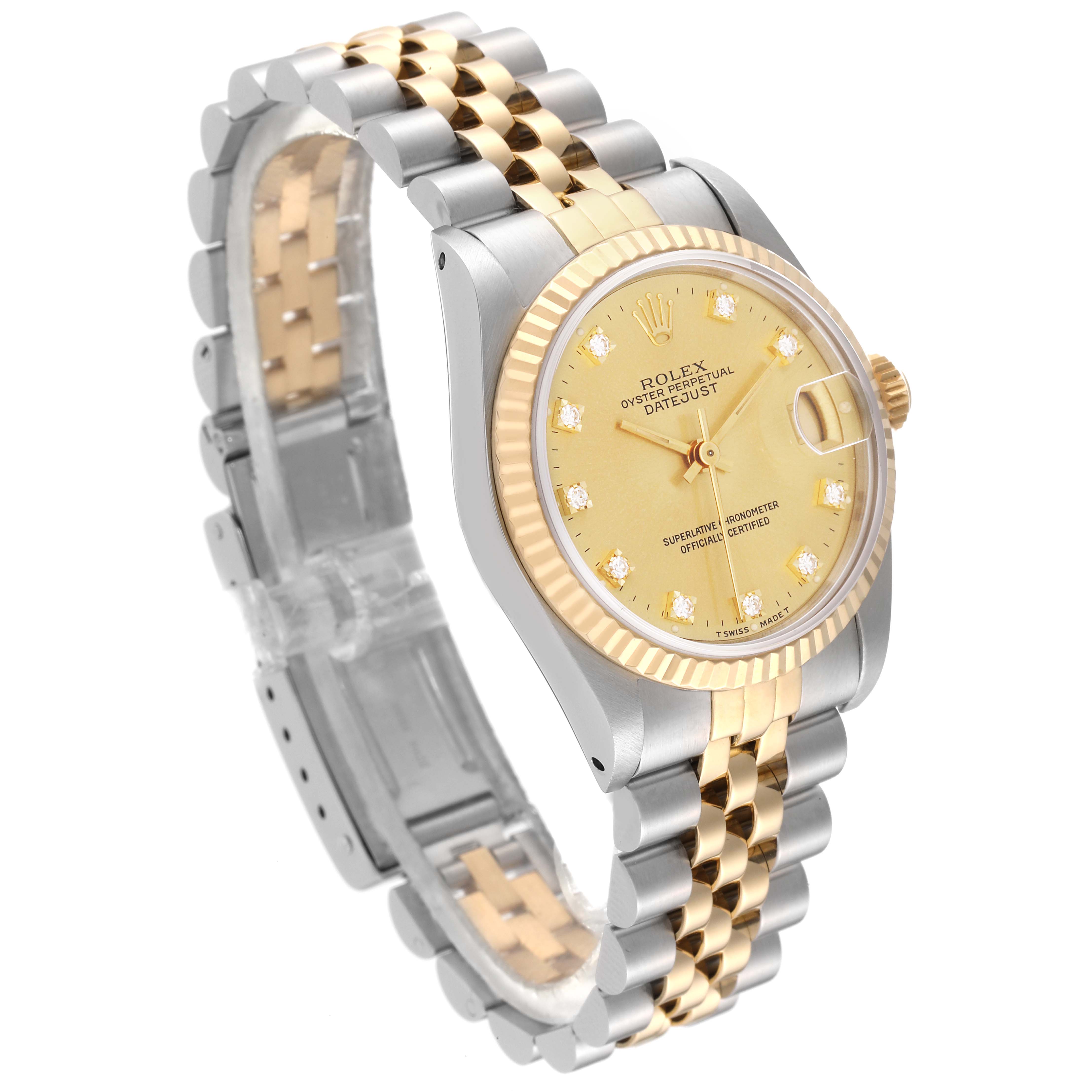 This image shows a Rolex Mid-Size 68273 Women's Steel and Gold (two tone) Champagne Dial 68273 Women's Steel and Gold (two tone) Champagne Dial Datejust watch from a three-quarter angle, highlighting the gold and silver bracelet, face, and bezel.