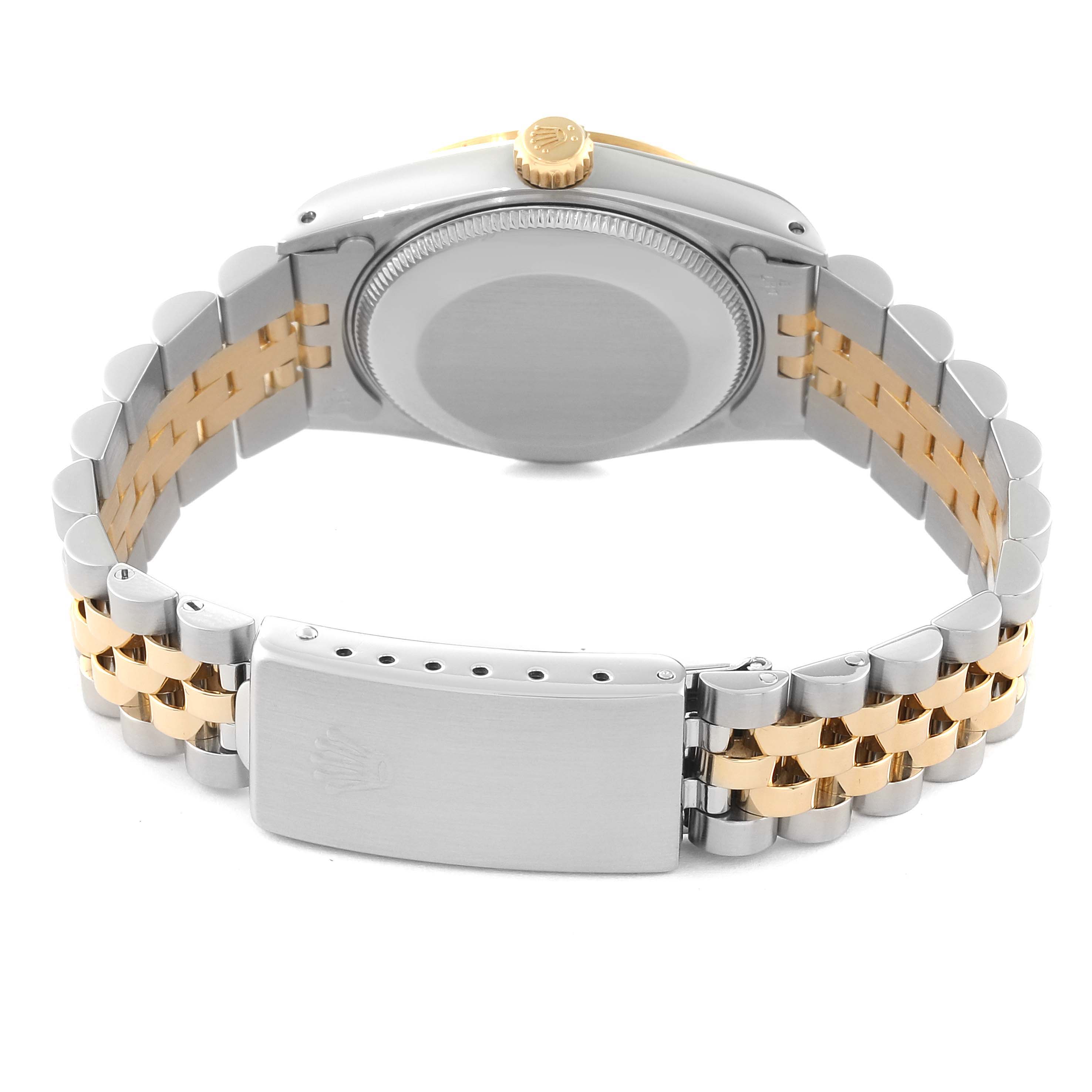 This image shows the back and bracelet clasp of a Rolex Mid-Size 68273 Women's Steel and Gold (two tone) Champagne Dial 68273 Women's Steel and Gold (two tone) Champagne Dial model watch, highlighting the two-tone metal design.