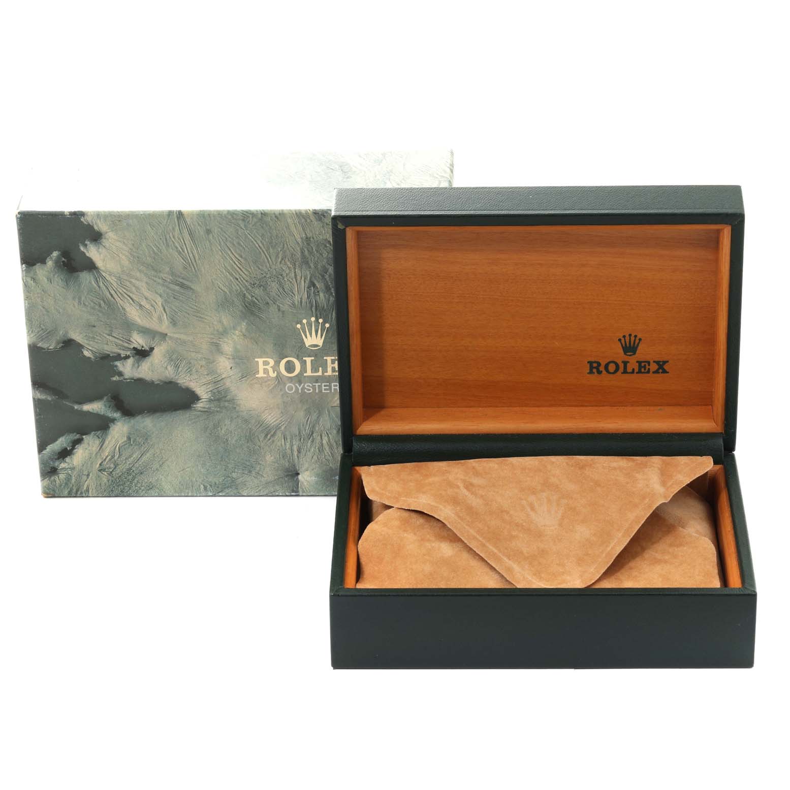 The image shows a Rolex watch box and protective cover for the Rolex Mid-Size 68273 Women's Steel and Gold (two tone) Champagne Dial 68273 Women's Steel and Gold (two tone) Champagne Dial model.