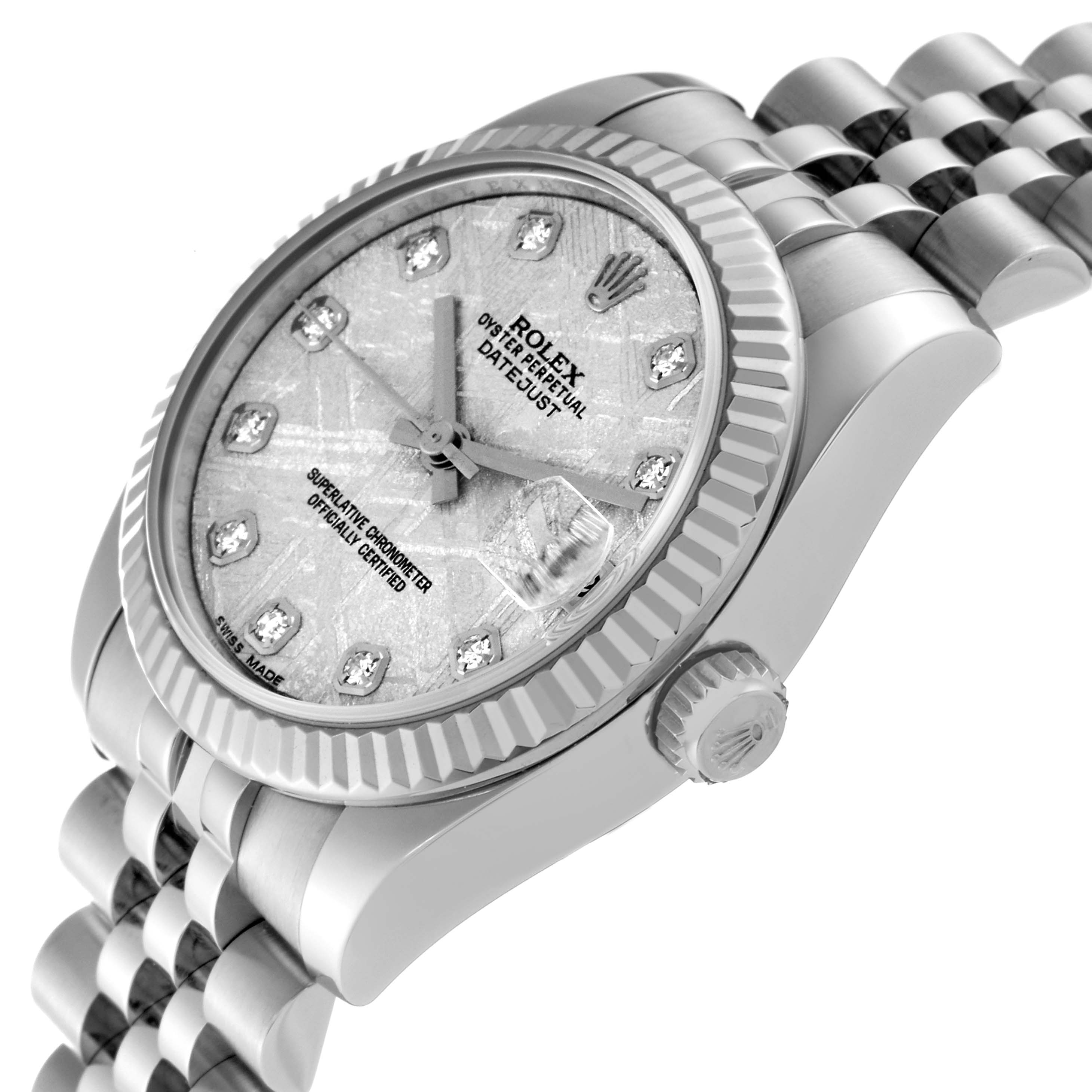 This image shows a close-up, angled view of the face, bezel, crown, and bracelet of a Rolex Mid-Size 178274 Women
s Stainless Steel Silver Dial 178274 Women
s Stainless Steel Silver Dial Datejust watch.