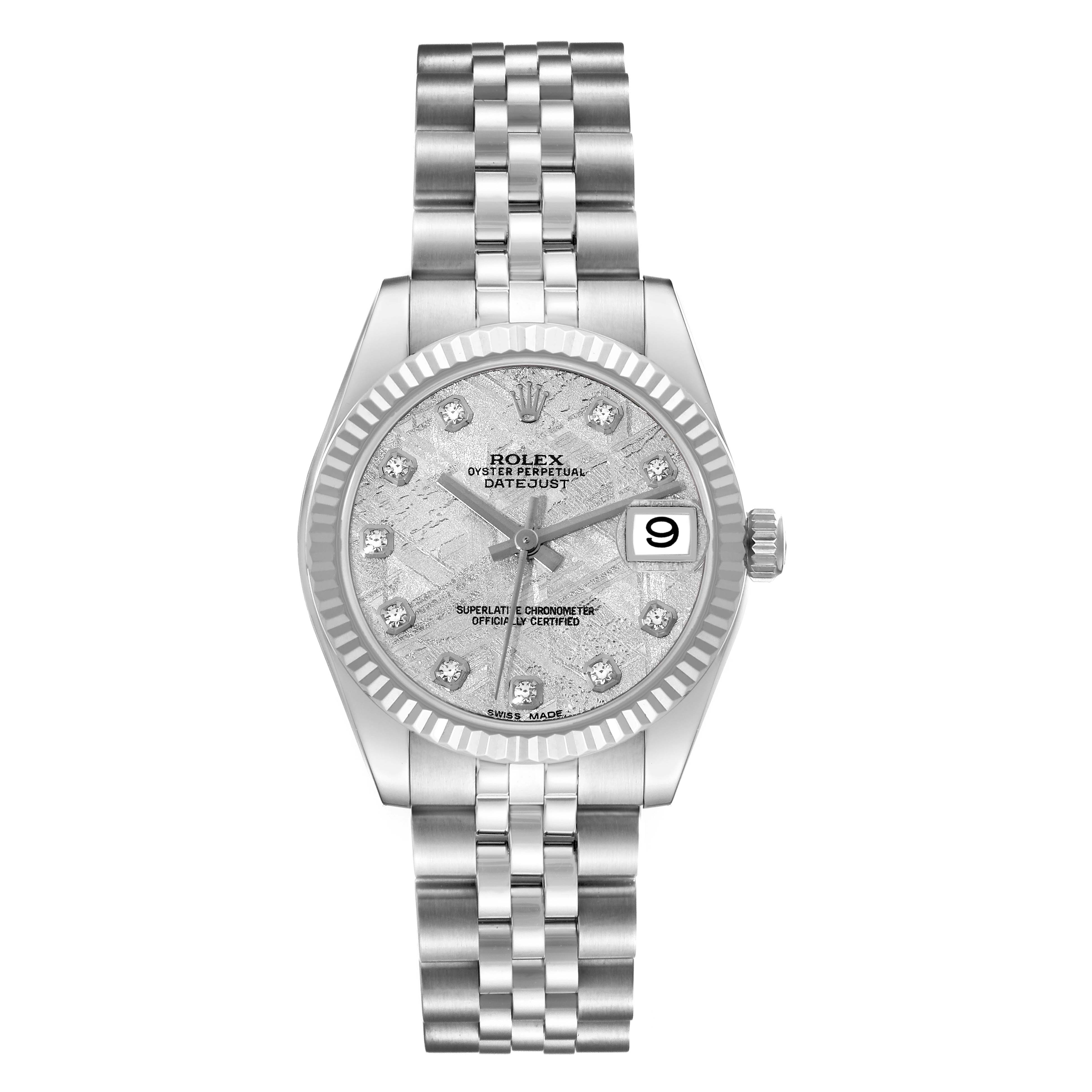 This image shows a front view of a Rolex Mid-Size 178274 Women
s Stainless Steel Silver Dial 178274 Women
s Stainless Steel Silver Dial Oyster Perpetual Datejust displaying the face, bezel, hands, and bracelet.