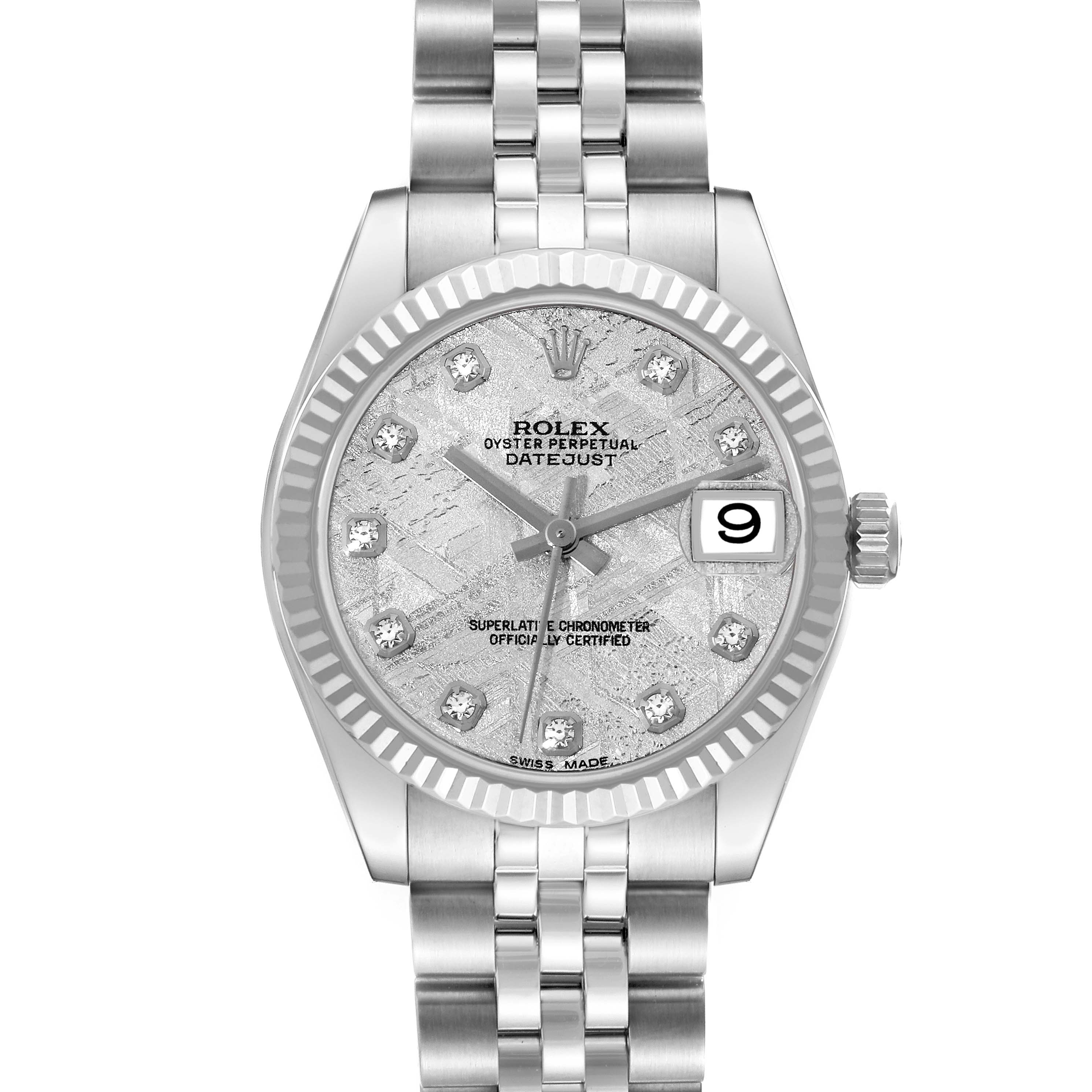 The Rolex Mid-Size 178274 Women
s Stainless Steel Silver Dial 178274 Women
s Stainless Steel Silver Dial Oyster Perpetual Datejust watch is shown from the front, highlighting the face, bezel, and bracelet.