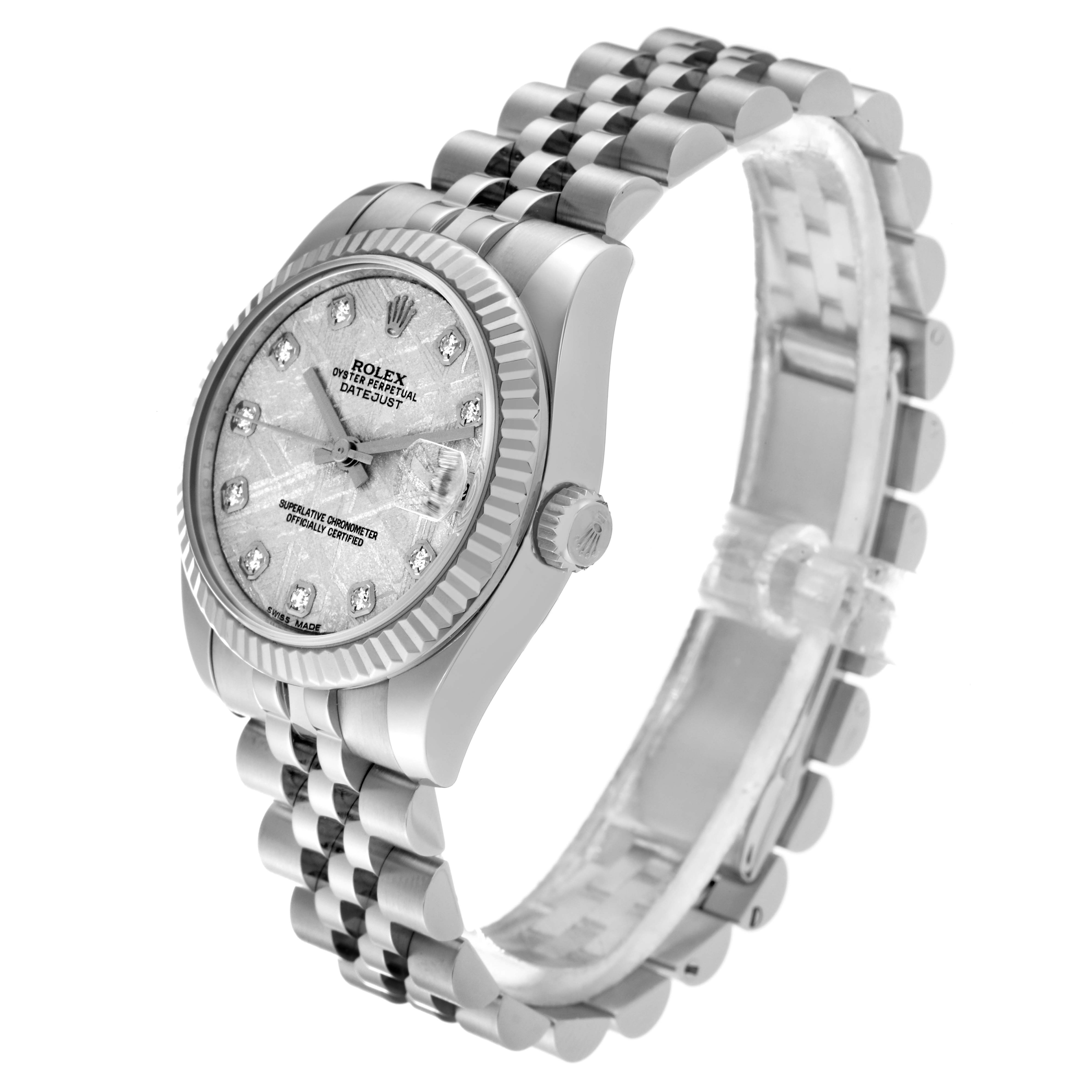 This image shows a Rolex Mid-Size 178274 Women
s Stainless Steel Silver Dial 178274 Women
s Stainless Steel Silver Dial Datejust watch from a side angle, highlighting the face, bezel, and bracelet.