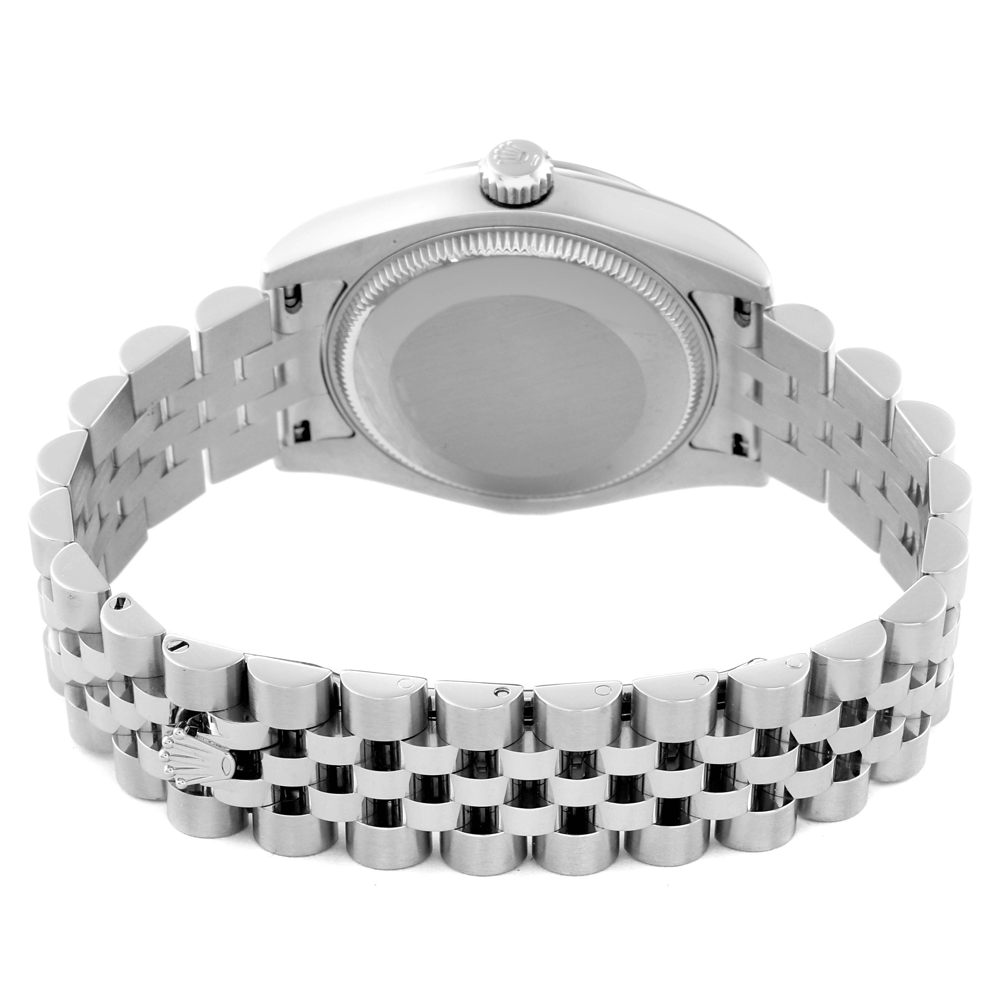 This is a rear view of the Rolex Mid-Size 178274 Women
s Stainless Steel Silver Dial 178274 Women
s Stainless Steel Silver Dial model showing the case back, crown, and a partially visible metal bracelet.