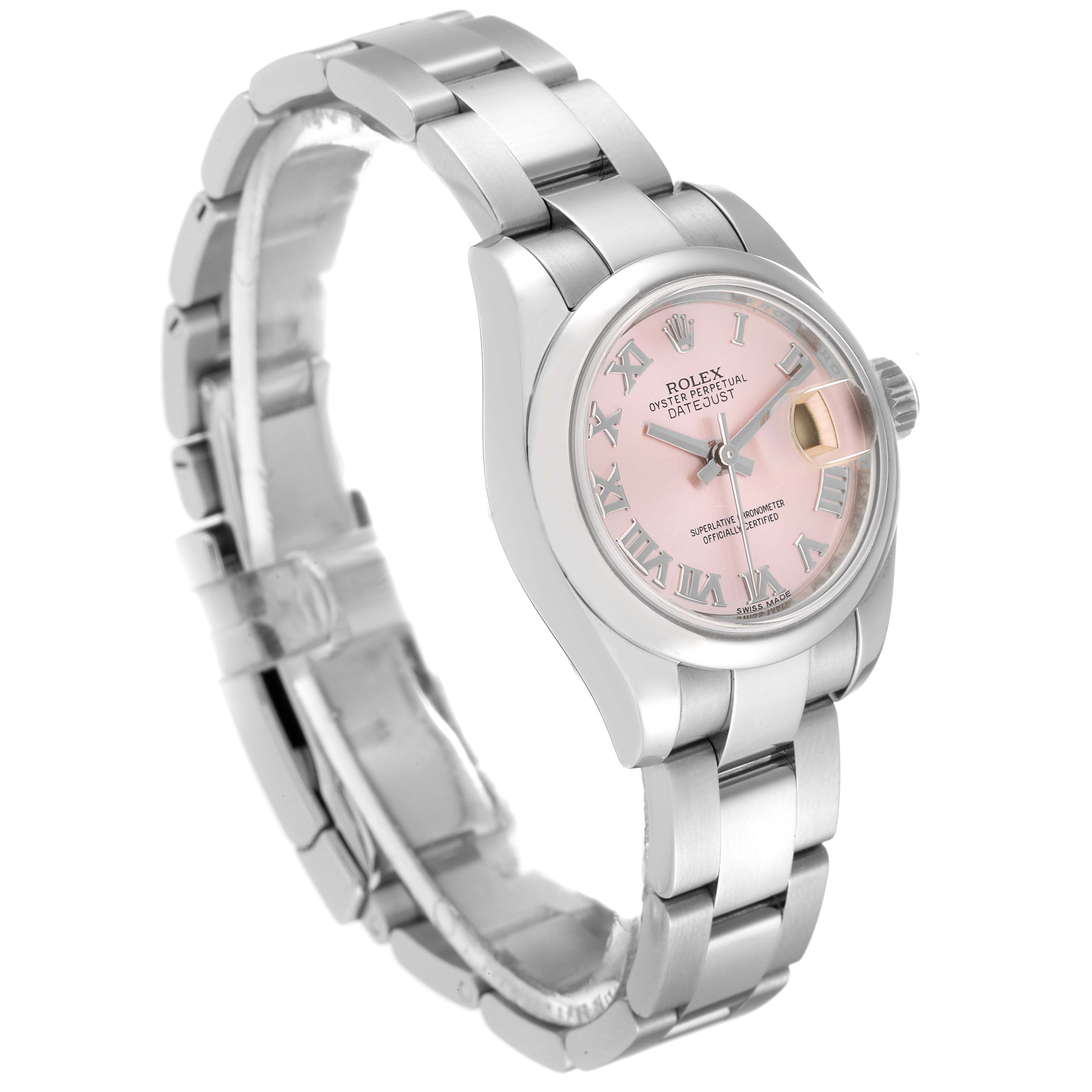 This image shows a side view of the Rolex Datejust 179160 Women's Stainless Steel Pink Dial 179160 Women's Stainless Steel Pink Dial watch, featuring its pink dial, stainless steel case, and bracelet.