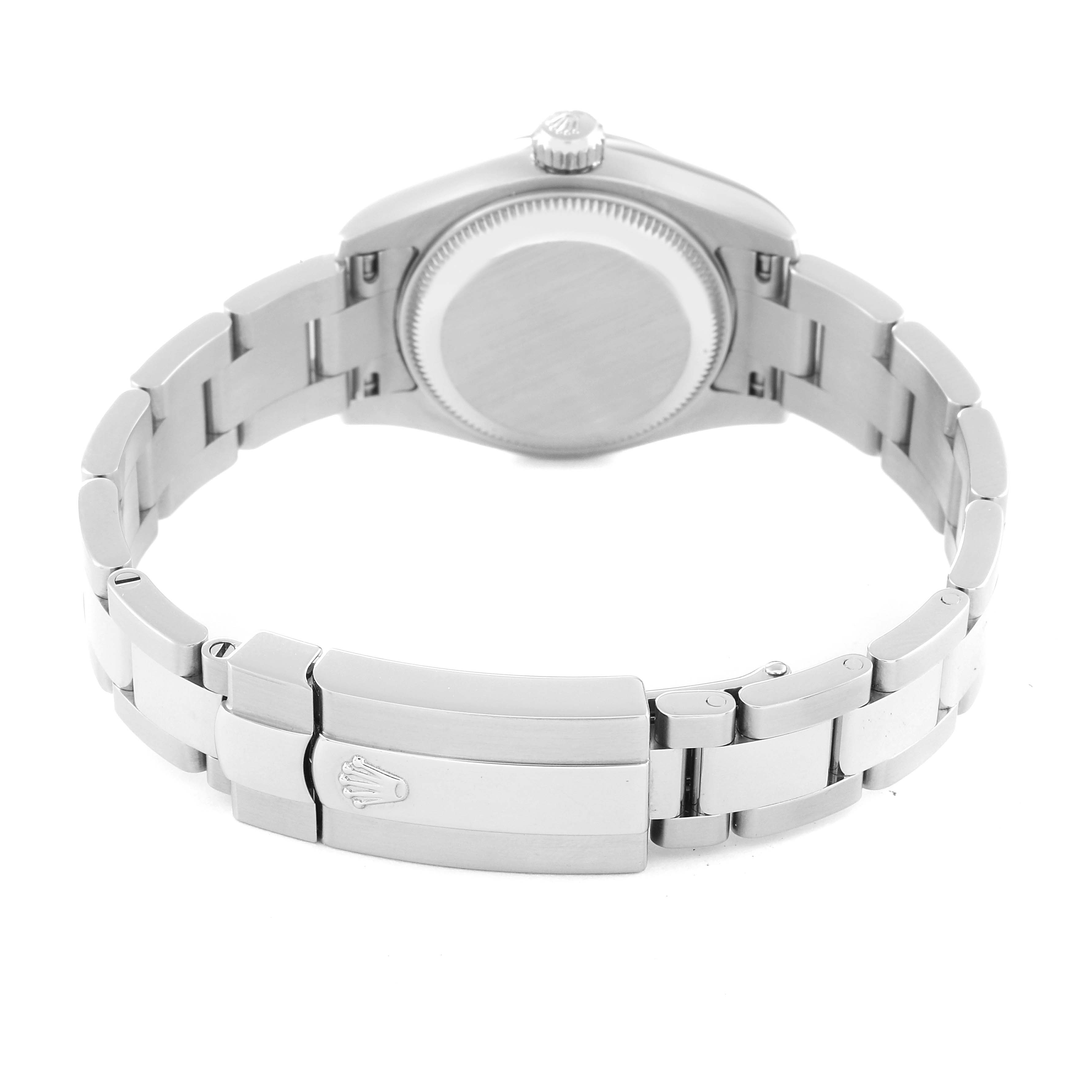 This image shows the back view of a Rolex Datejust 179160 Women's Stainless Steel Pink Dial 179160 Women's Stainless Steel Pink Dial watch, highlighting its bracelet and clasp.