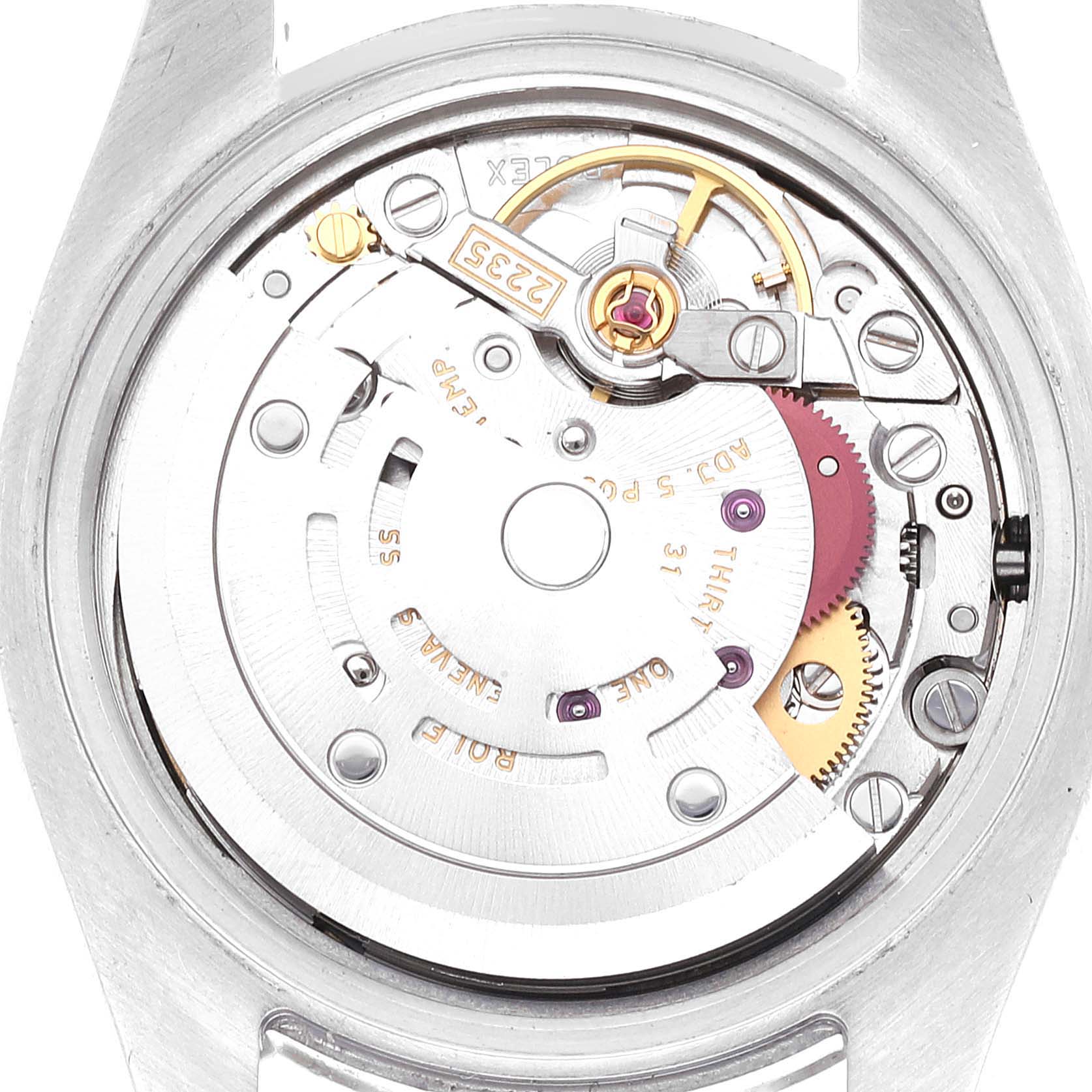 This image shows the internal mechanism and movement of a Rolex Datejust 179160 Women's Stainless Steel Pink Dial 179160 Women's Stainless Steel Pink Dial watch from a rear angle.