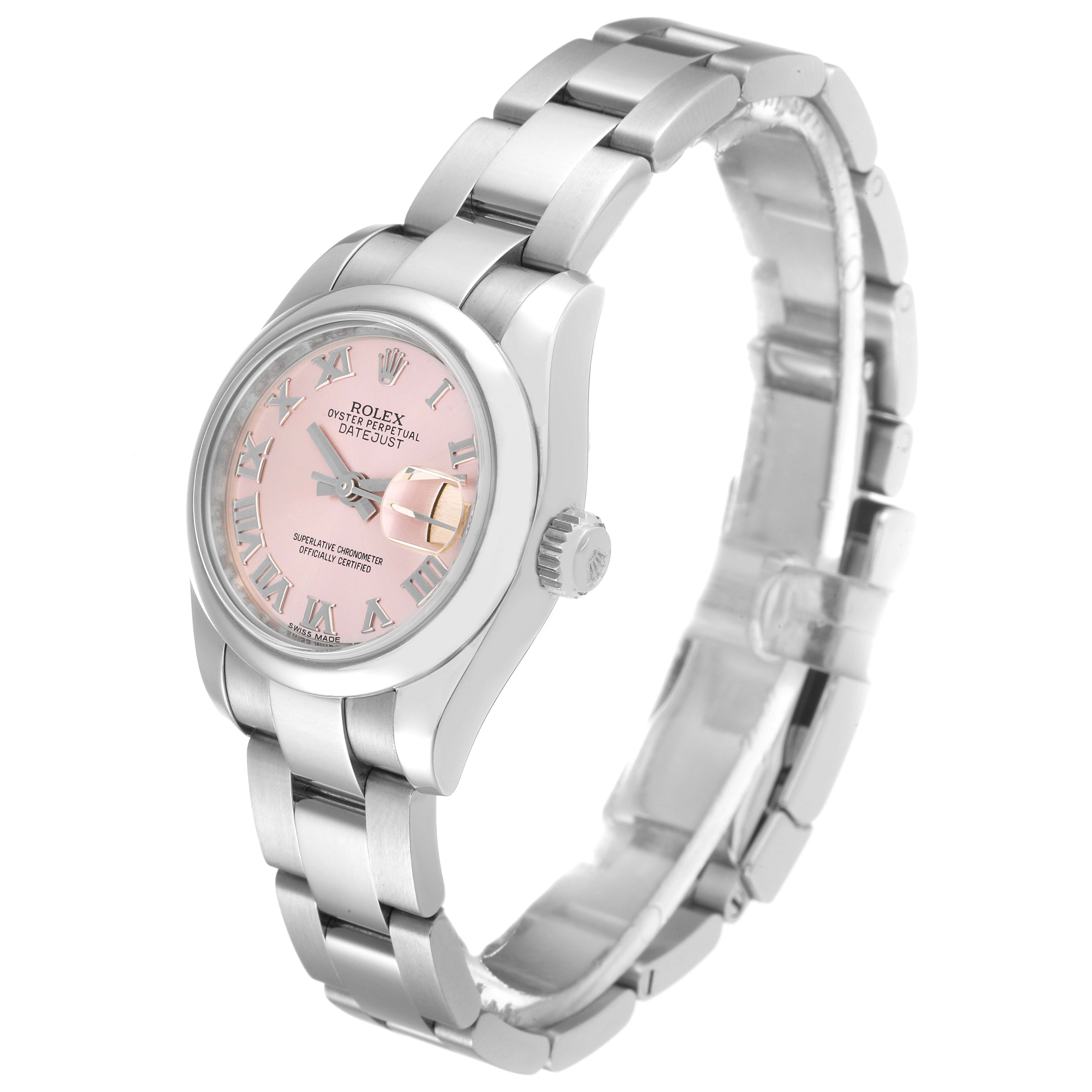 The image shows a Rolex Datejust 179160 Women's Stainless Steel Pink Dial 179160 Women's Stainless Steel Pink Dial watch from an angled side view, highlighting its pink dial, bracelet, and crown.