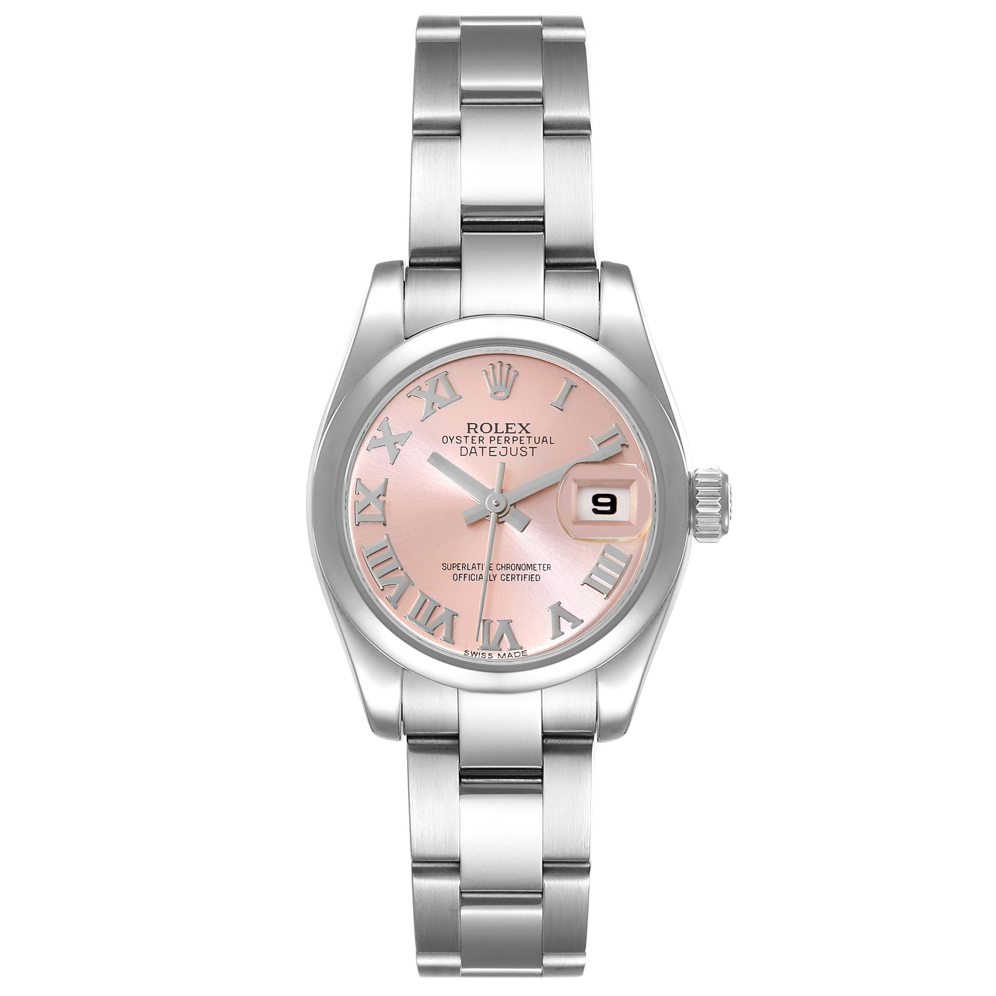 The image shows a Rolex Datejust 179160 Women's Stainless Steel Pink Dial 179160 Women's Stainless Steel Pink Dial watch from a front angle, displaying the full face, bracelet, and crown.