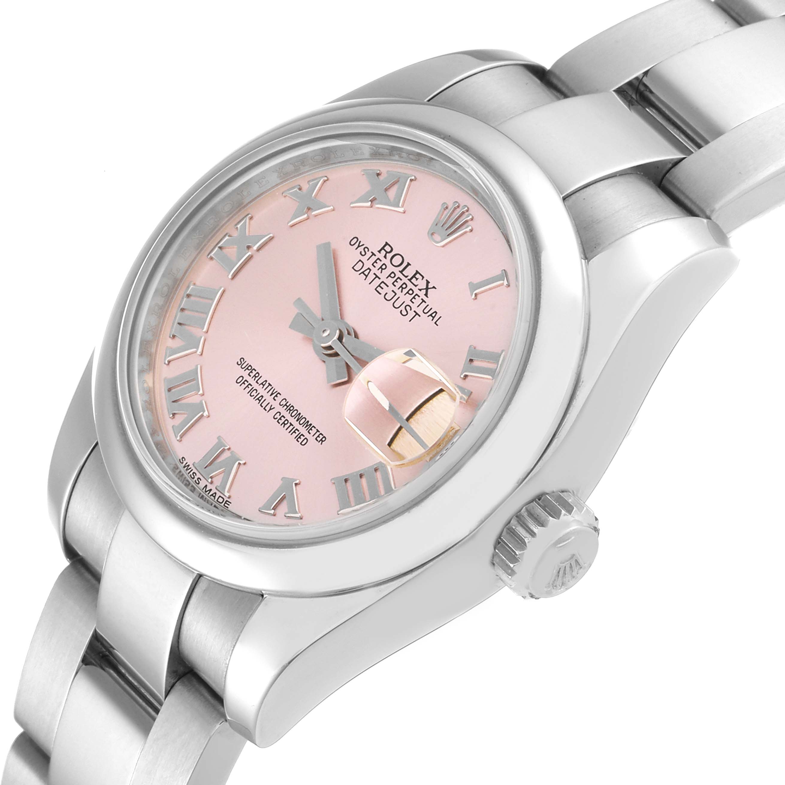 This image shows a Rolex Datejust 179160 Women's Stainless Steel Pink Dial 179160 Women's Stainless Steel Pink Dial watch, angled from the front-left, highlighting the bezel, crown, bracelet, and pink dial.