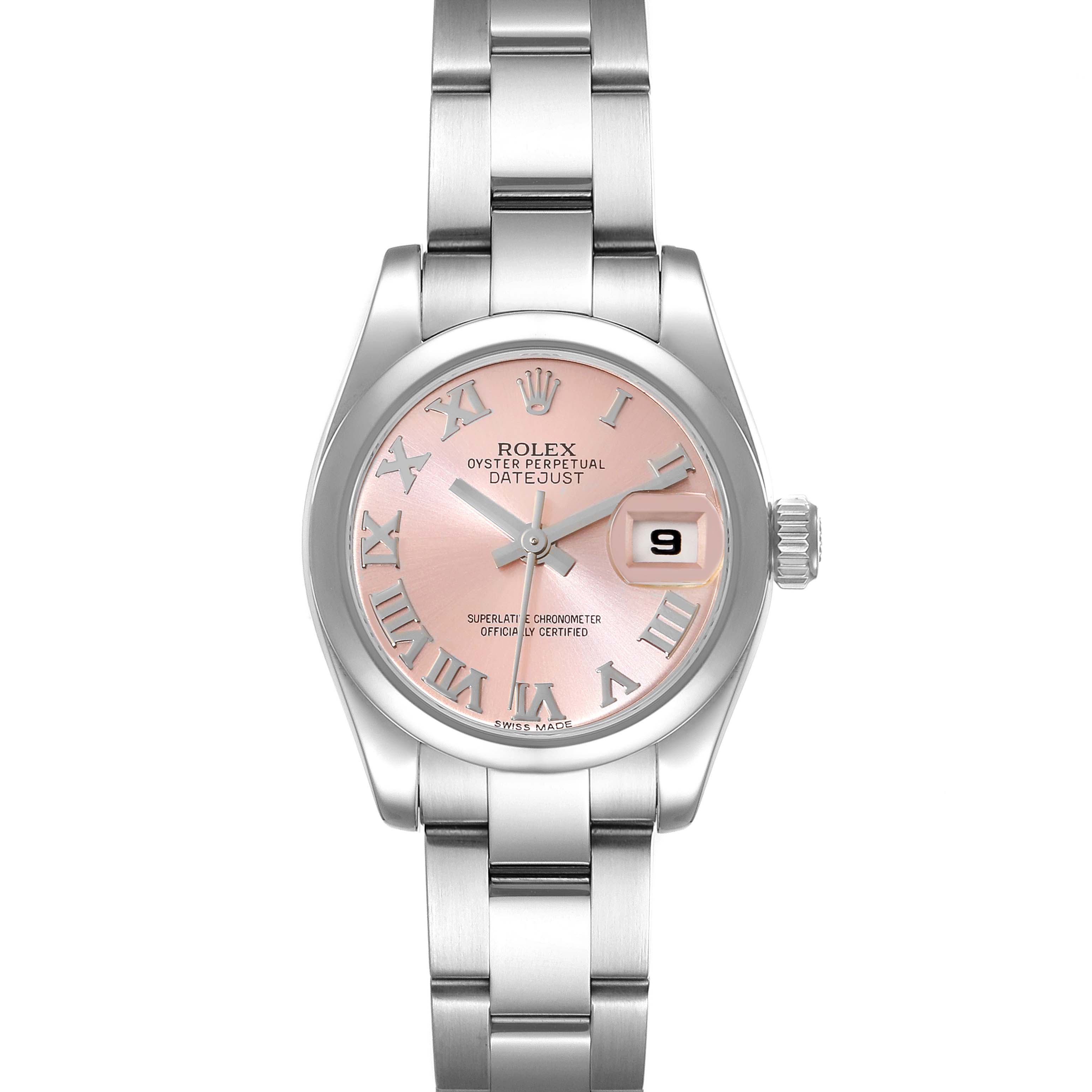 The image shows a Rolex Datejust 179160 Women's Stainless Steel Pink Dial 179160 Women's Stainless Steel Pink Dial watch from a top view, highlighting its pink dial, Roman numerals, and stainless steel bracelet.