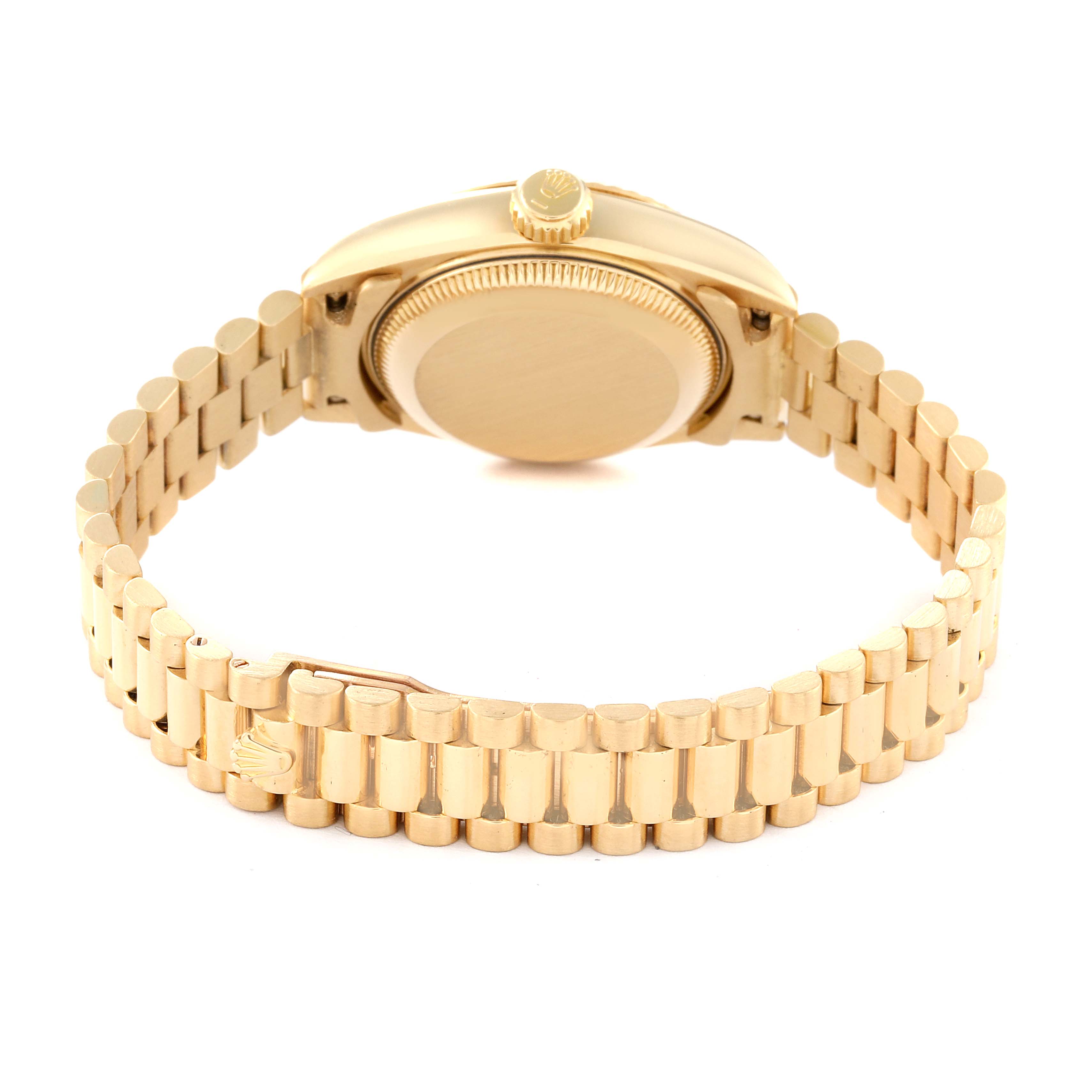 The image shows the back and band of a Rolex President 69178 Women's Yellow Gold Champagne Dial 69178 Women's Yellow Gold Champagne Dial model watch, focusing on the bracelet and case back.