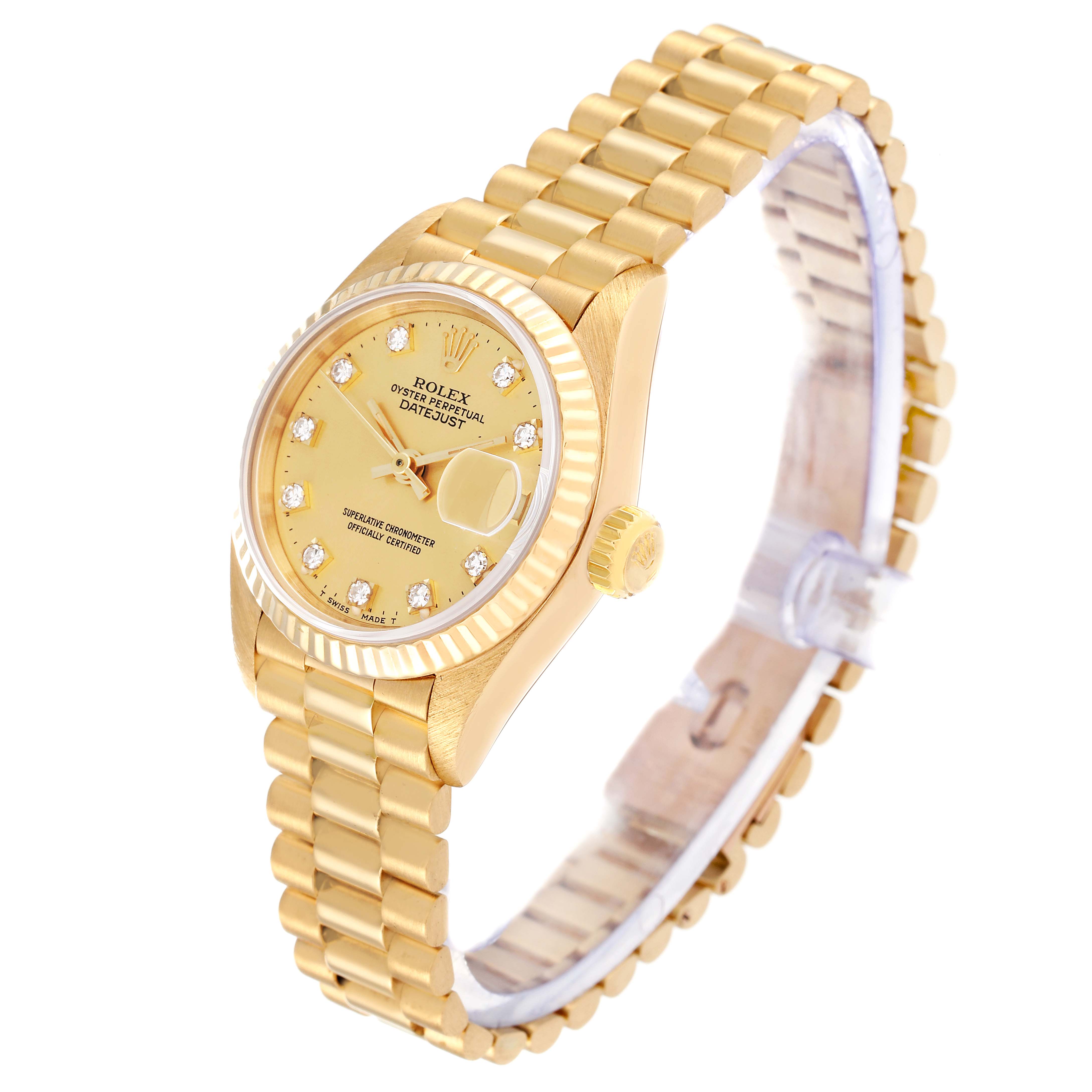 The image shows a Rolex President 69178 Women's Yellow Gold Champagne Dial 69178 Women's Yellow Gold Champagne Dial model watch, displaying the dial, bracelet, bezel, and crown from an angled top view.