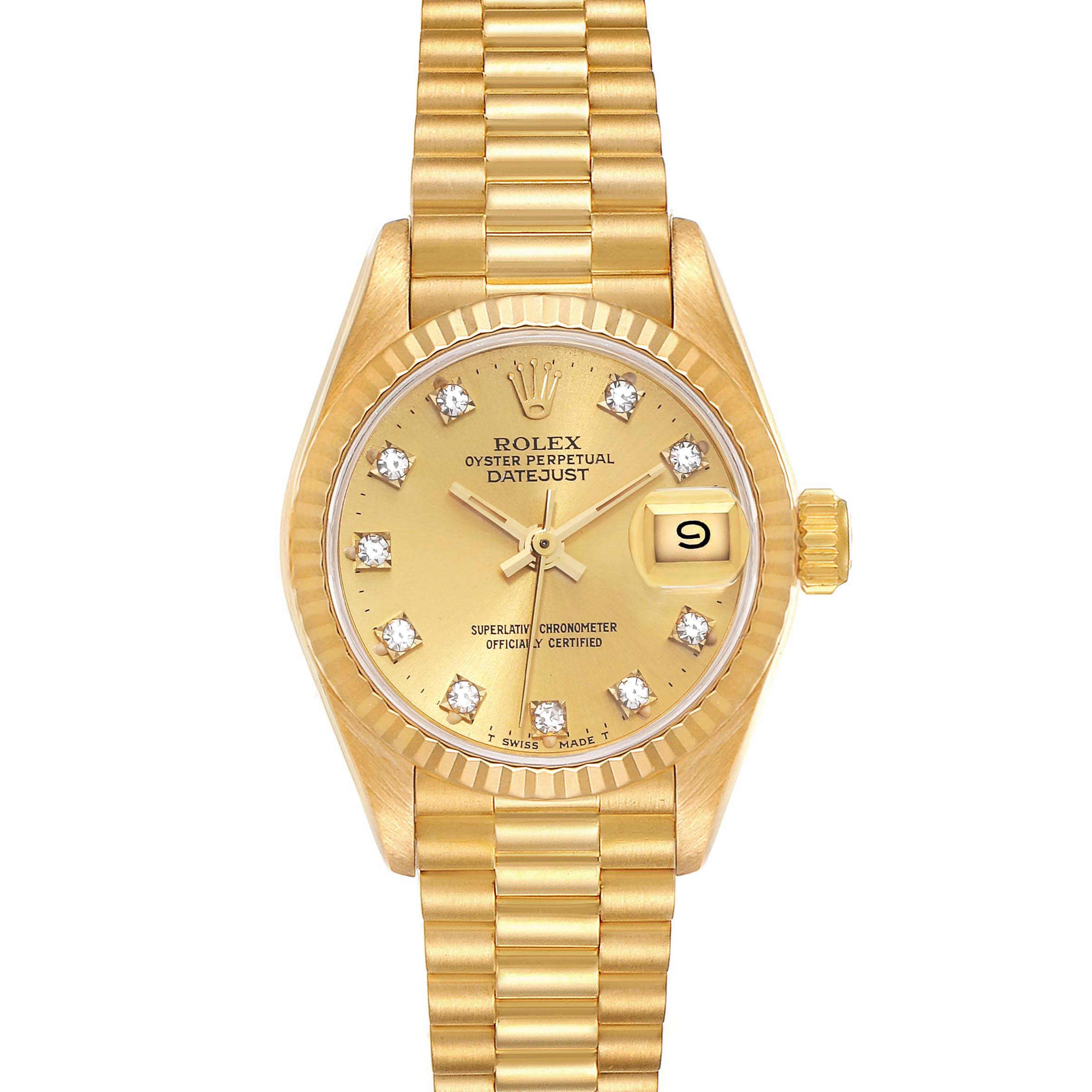 This is a front view of a Rolex President 69178 Women's Yellow Gold Champagne Dial 69178 Women's Yellow Gold Champagne Dial model watch showing the gold dial, diamond hour markers, fluted bezel, and bracelet.