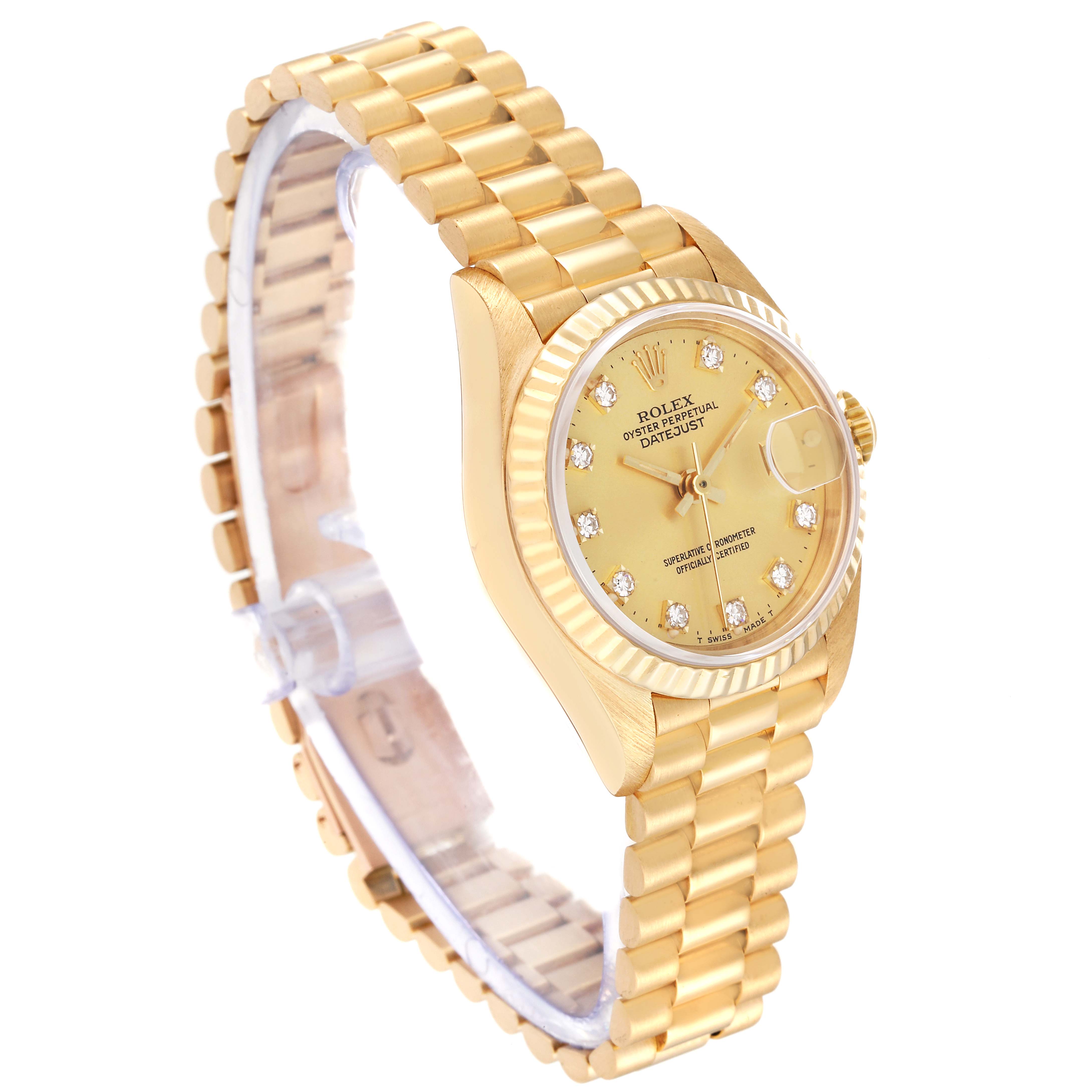 This image shows a gold Rolex President 69178 Women's Yellow Gold Champagne Dial 69178 Women's Yellow Gold Champagne Dial model watch at a slight left-side angle, displaying the watch face, bezel, and bracelet.