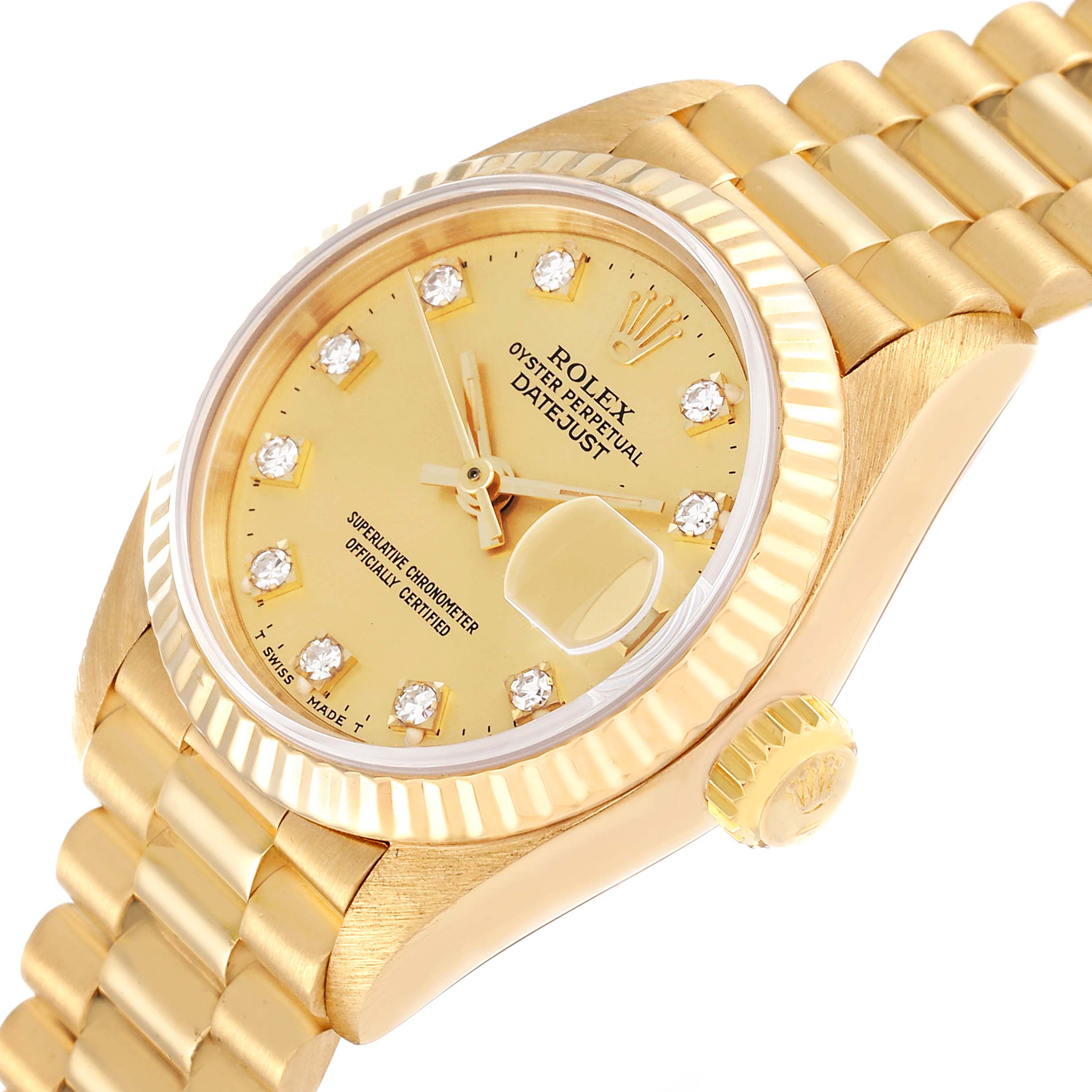 The image shows a close-up angle of a Rolex President 69178 Women's Yellow Gold Champagne Dial 69178 Women's Yellow Gold Champagne Dial model watch, highlighting its dial, bezel, crown, and part of the bracelet.