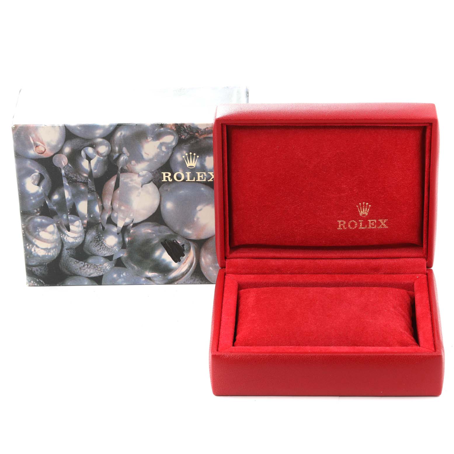 The image shows a red Rolex President 69178 Women's Yellow Gold Champagne Dial 69178 Women's Yellow Gold Champagne Dial watch box with the lid open and a decorative outer box in the background.