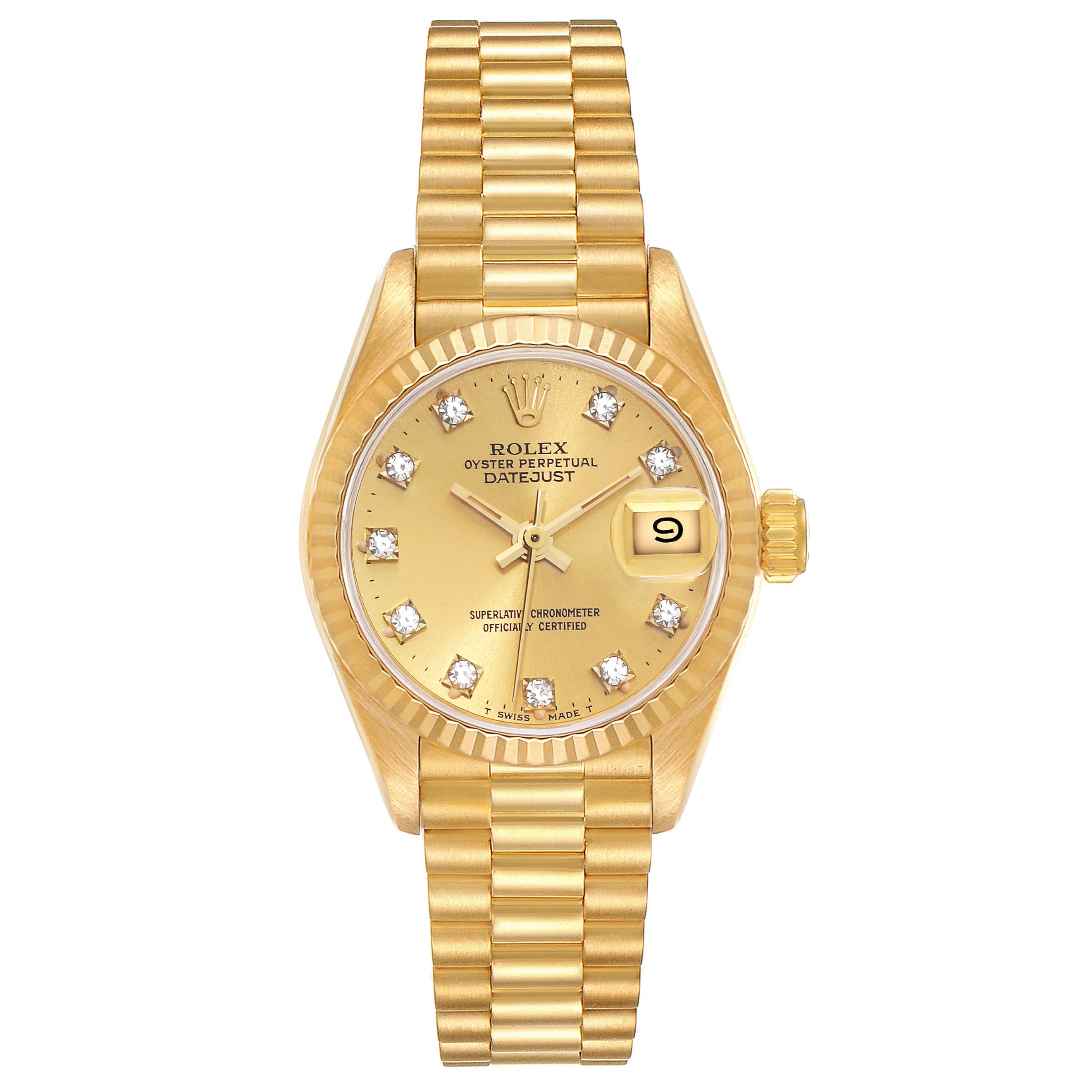 The image shows a front view of a Rolex President 69178 Women's Yellow Gold Champagne Dial 69178 Women's Yellow Gold Champagne Dial model watch featuring its dial, date window, bezel, and bracelet.