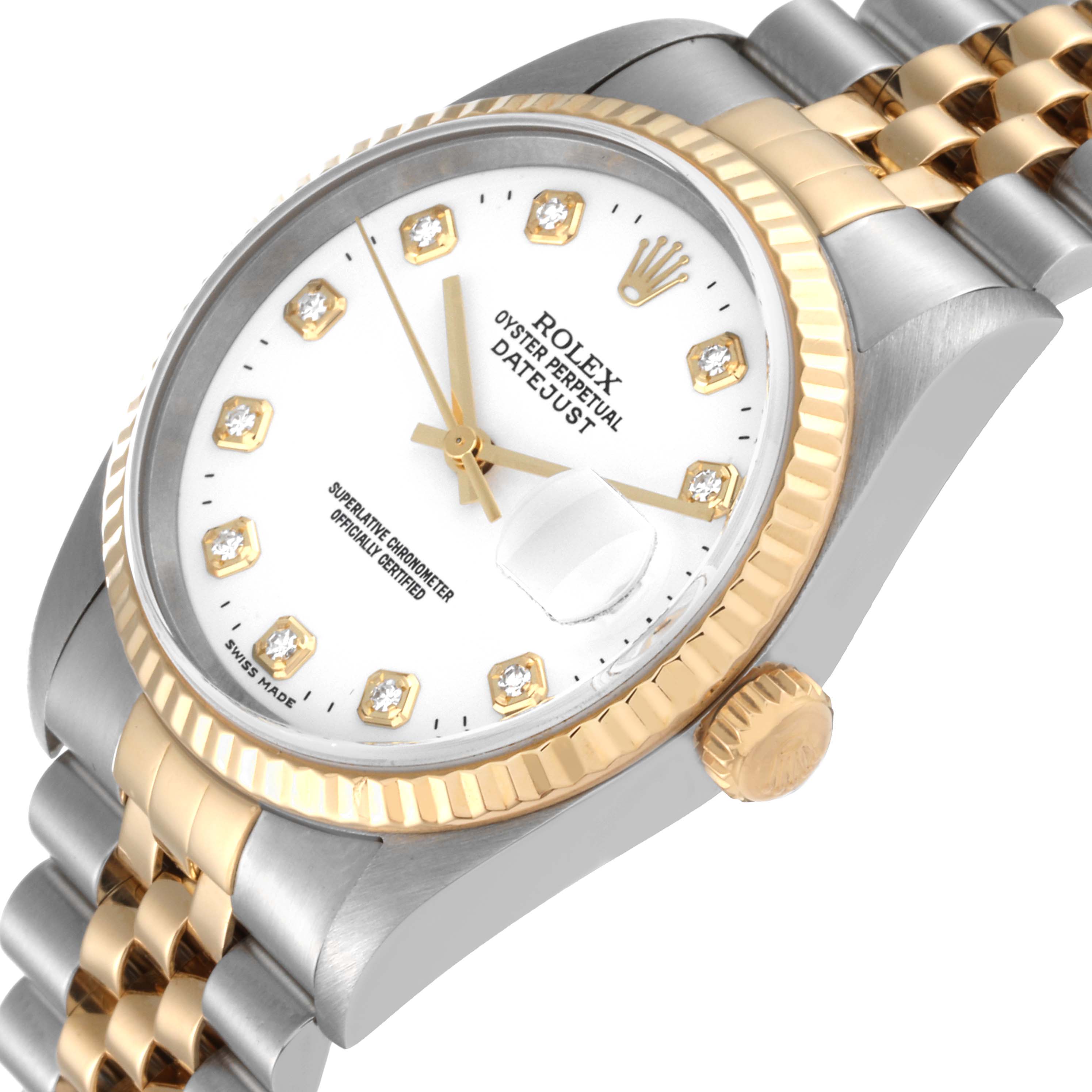 This image shows a close-up angled view of the Rolex Datejust 16233 Men's Steel and Gold (two tone) White Dial 16233 Men's Steel and Gold (two tone) White Dial watch, highlighting the dial, crown, and part of the bracelet.